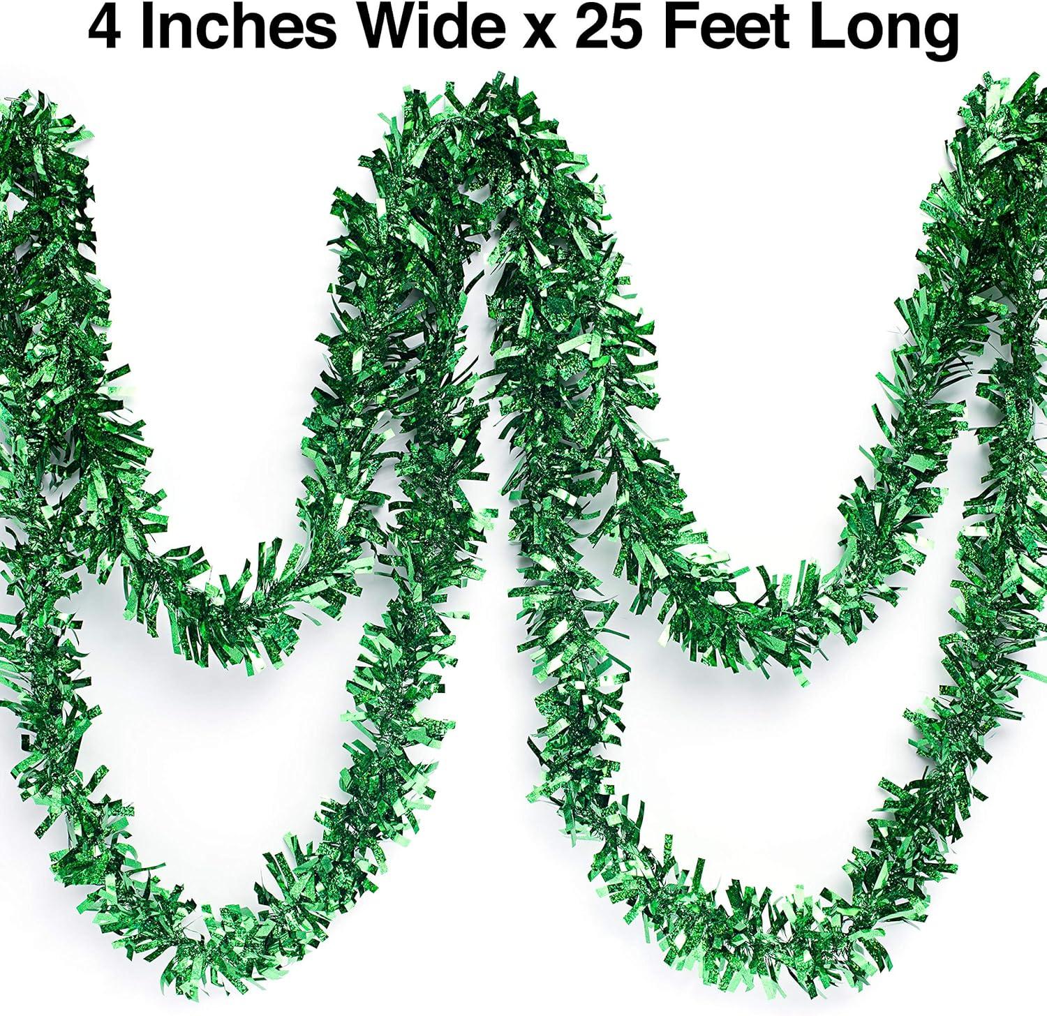 25 ft Long Roll Green Tinsel Twist Garland, Shiny Metallic Foil decorations for Parade Floats, Halloween, Christmas Eve, New Year Parties (4" x 25' roll, Green)