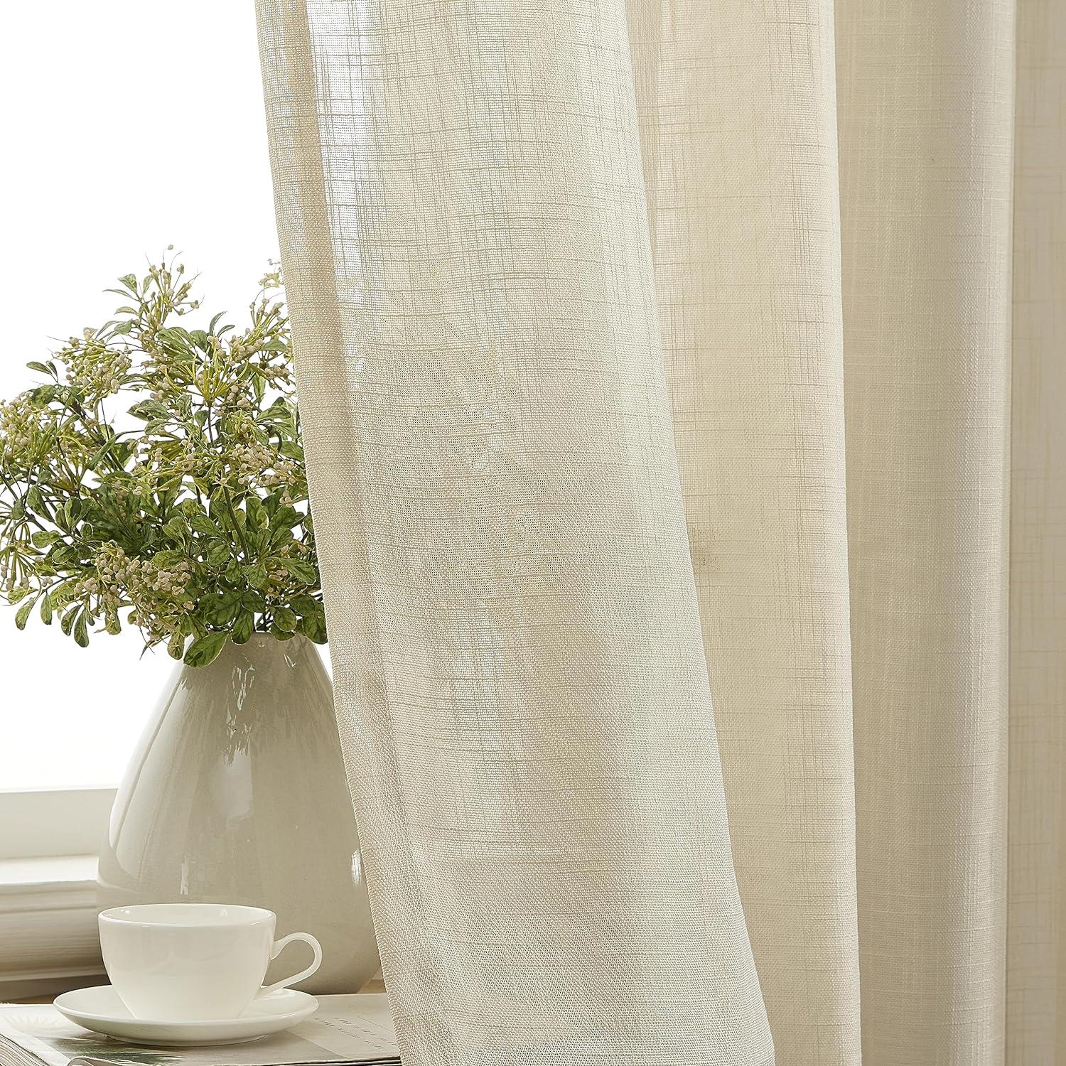 THD Serena Faux Linen Textured Semi Sheer Transparent Window Grommet Long Thick Curtain Panels, Pair