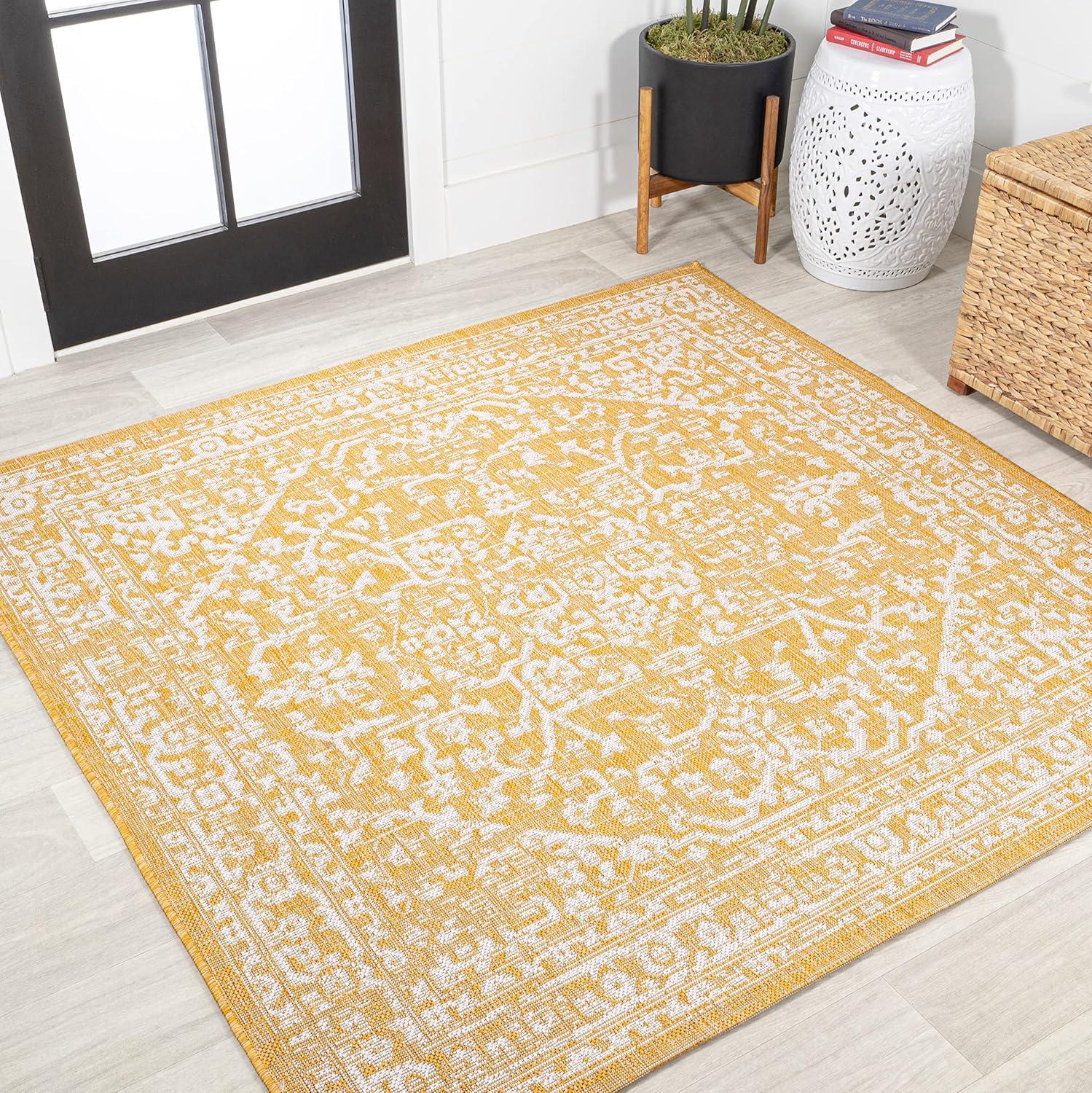 5' x 5' Malta Bohemian Inspired Medallion Textured Weave Indoor/Outdoor Area Rug, Yellow/Cream - JONATHAN Y