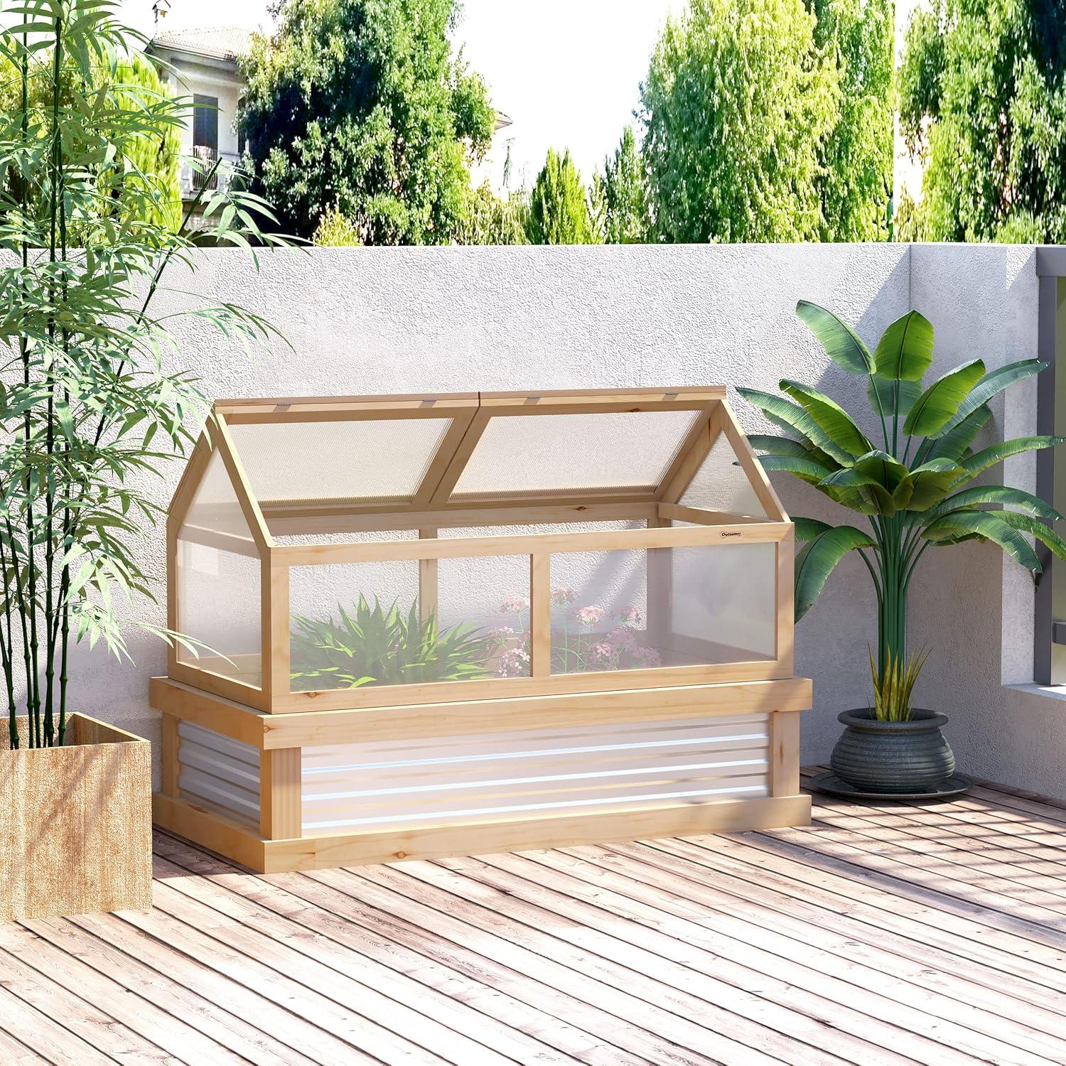 Natural Fir Wood and Polycarbonate Outdoor Raised Garden Bed with Sliding Door