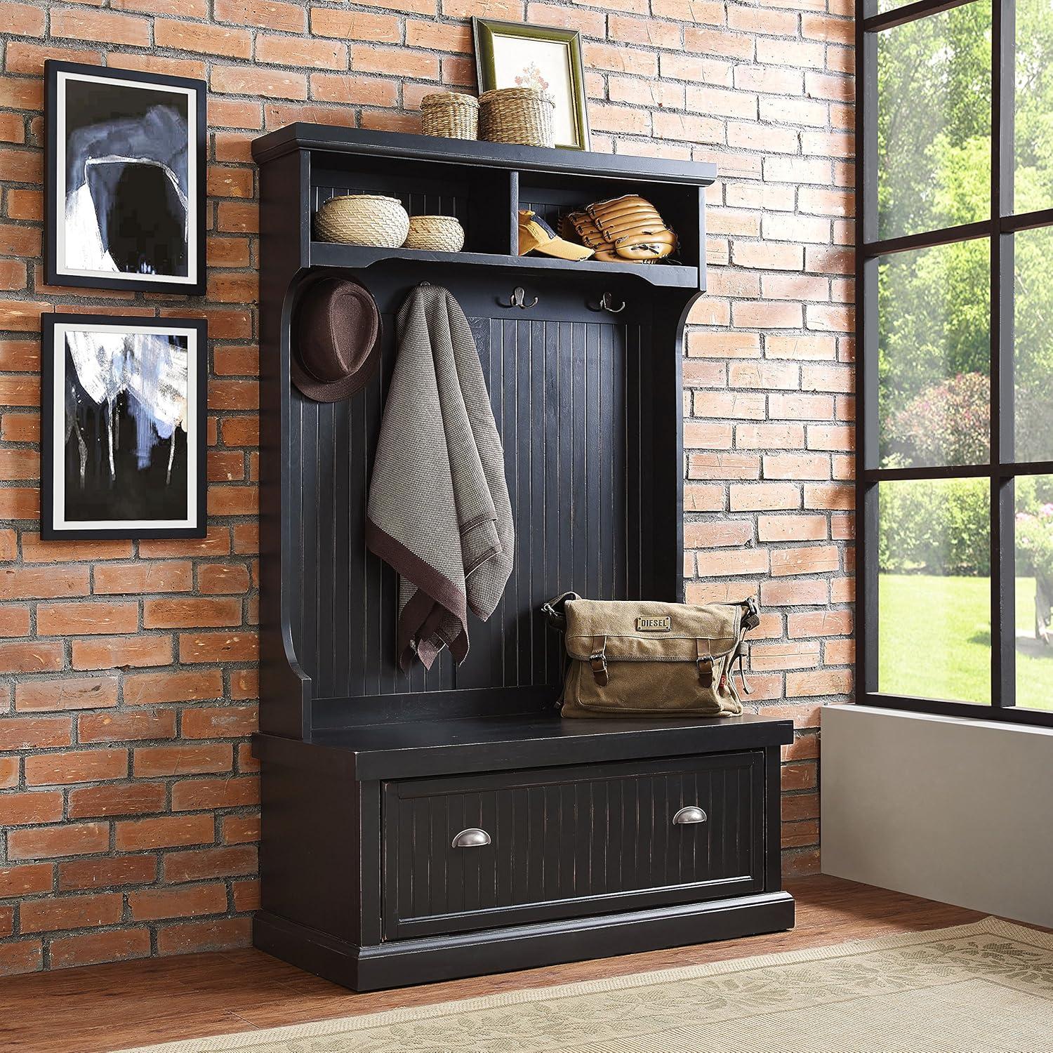 Distressed Black Poplar and Birch Hall Tree with Bench and Storage