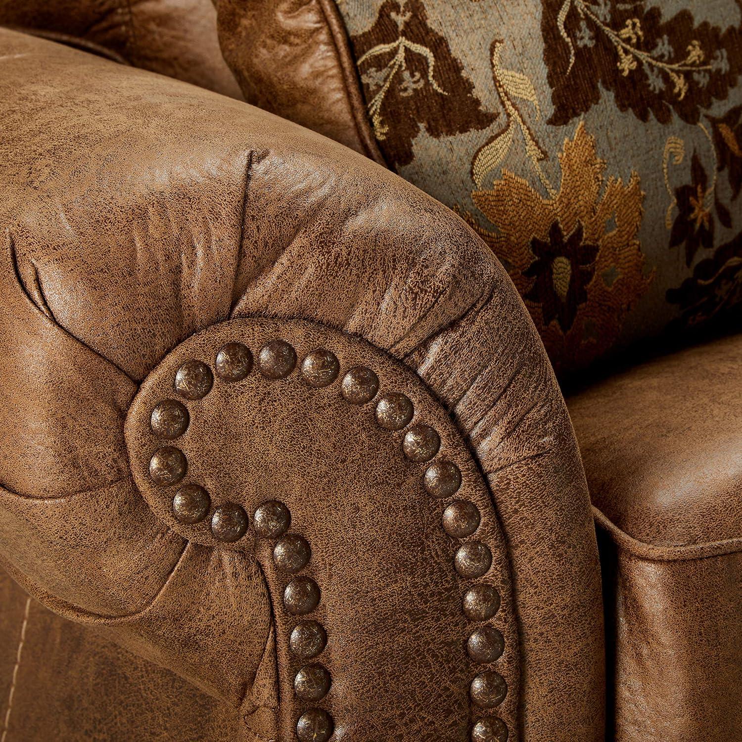 Brown Faux Leather Traditional Loveseat with Rolled Arms and Nailhead Trim