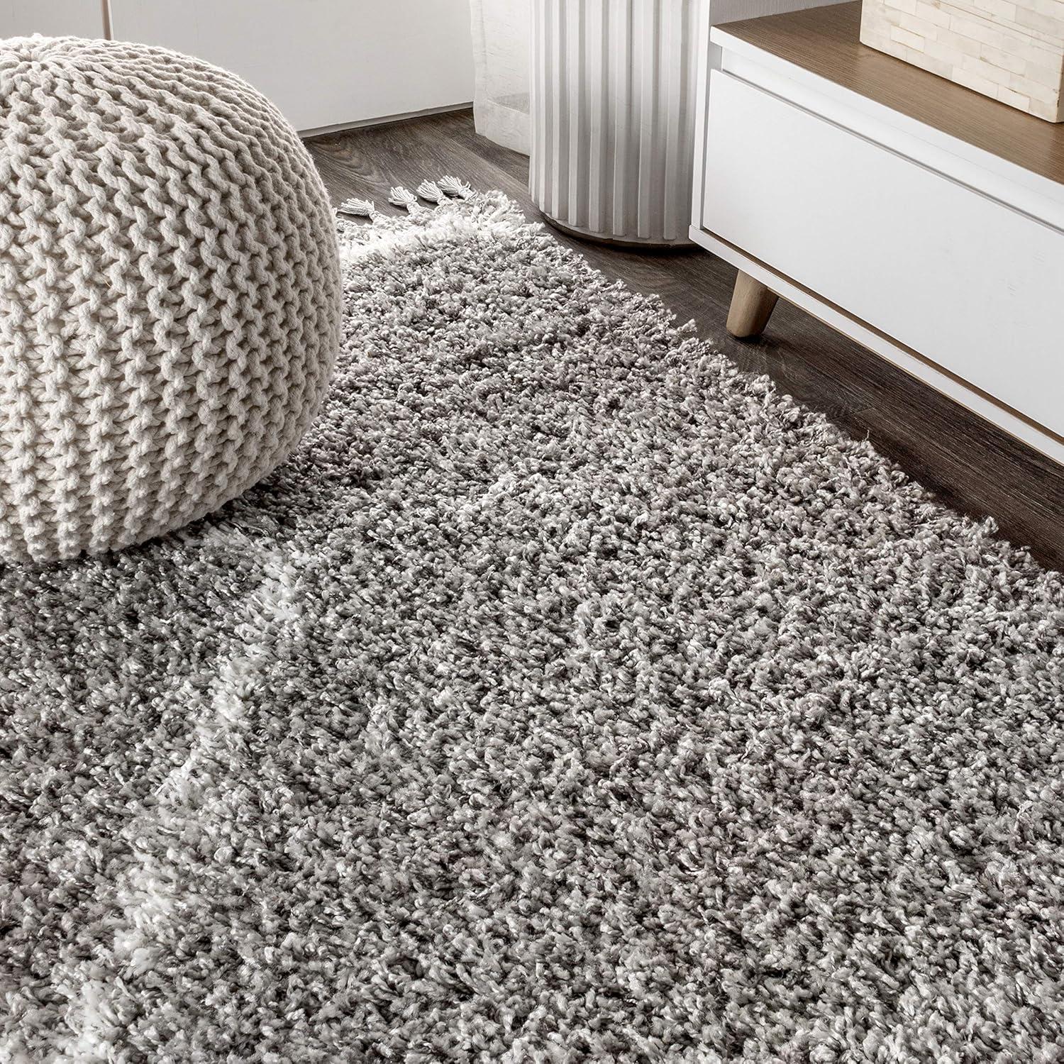 5'x8' Mercer Shag Plush Tassel Moroccan Geometric Trellis Area Rug, Grey/Cream - JONATHAN Y