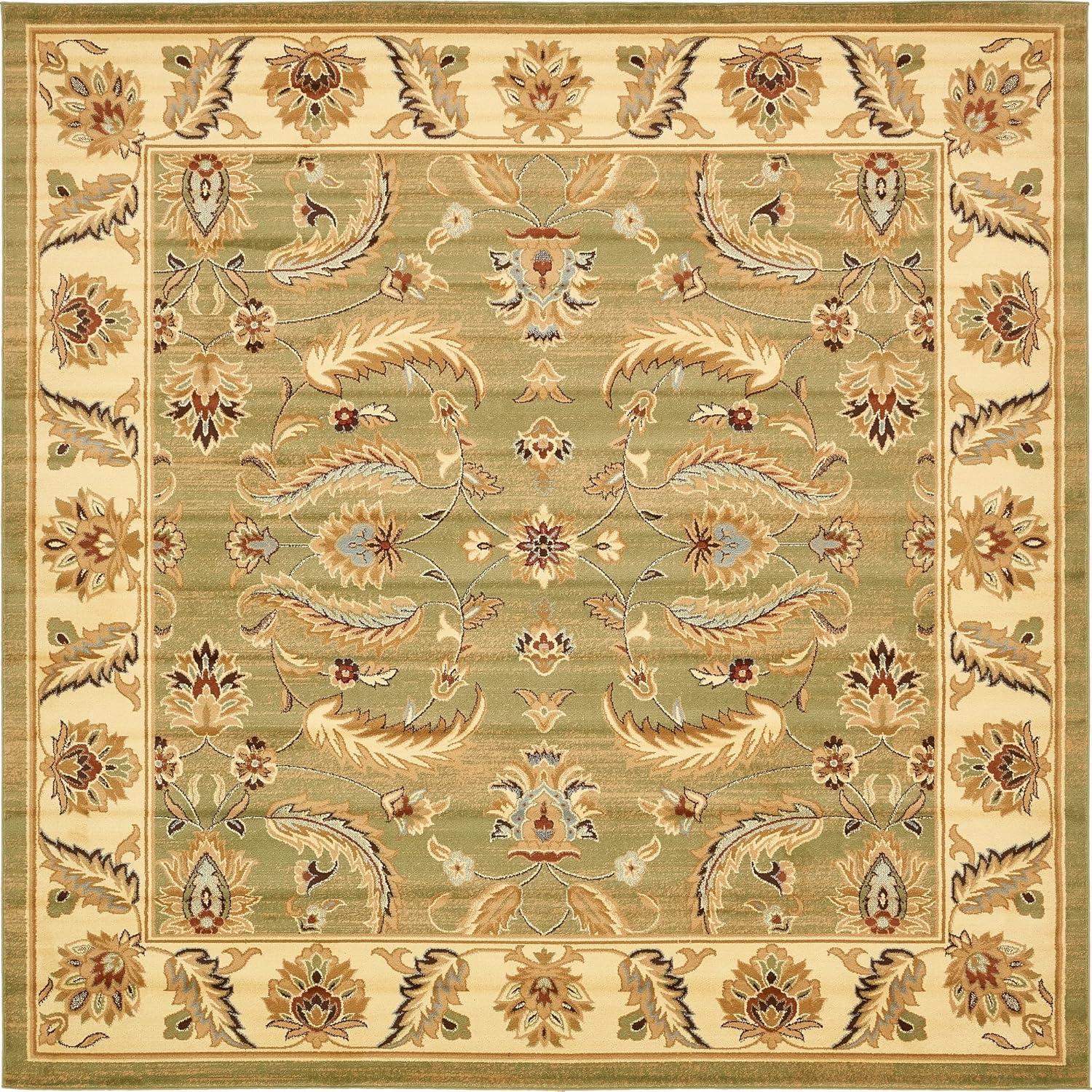 Green Floral Square Stain-Resistant Synthetic Area Rug