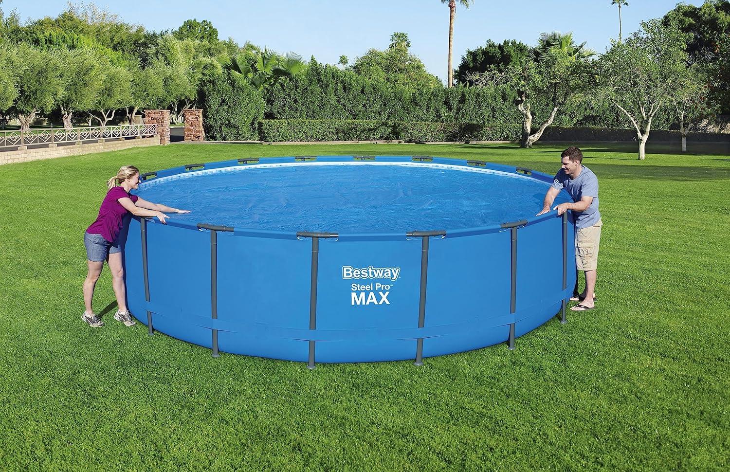 Bestway Flowclear 18 Foot Round Solar Heat Secure Pool Cover for Above Ground Swimming Pools with Storage Bag, Blue (Cover Only)