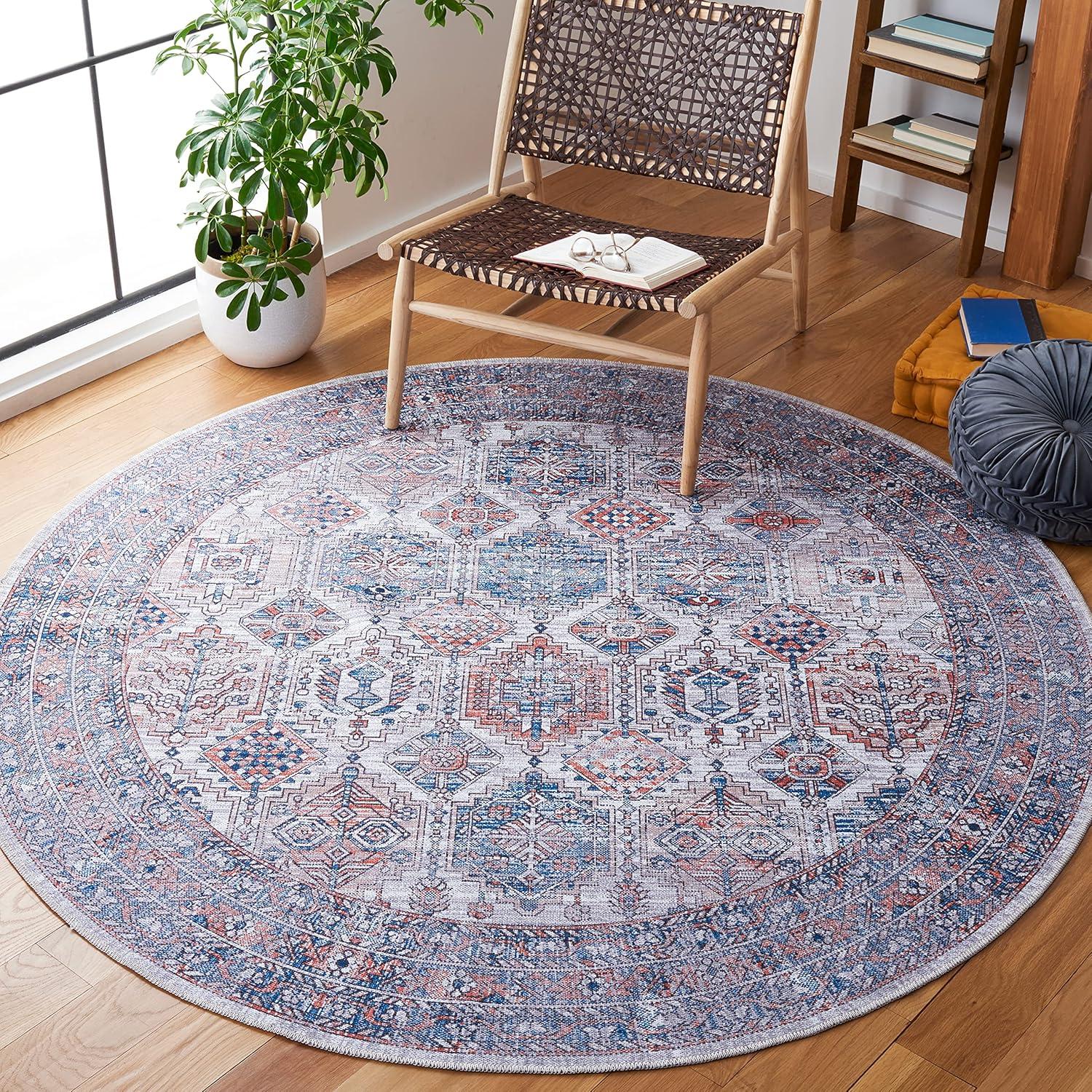 Serapi SEP520 Power Loomed Machine Washable Skid-Resistant Indoor Area Rug - Ivory/Rust - 6'7" Round - Safavieh