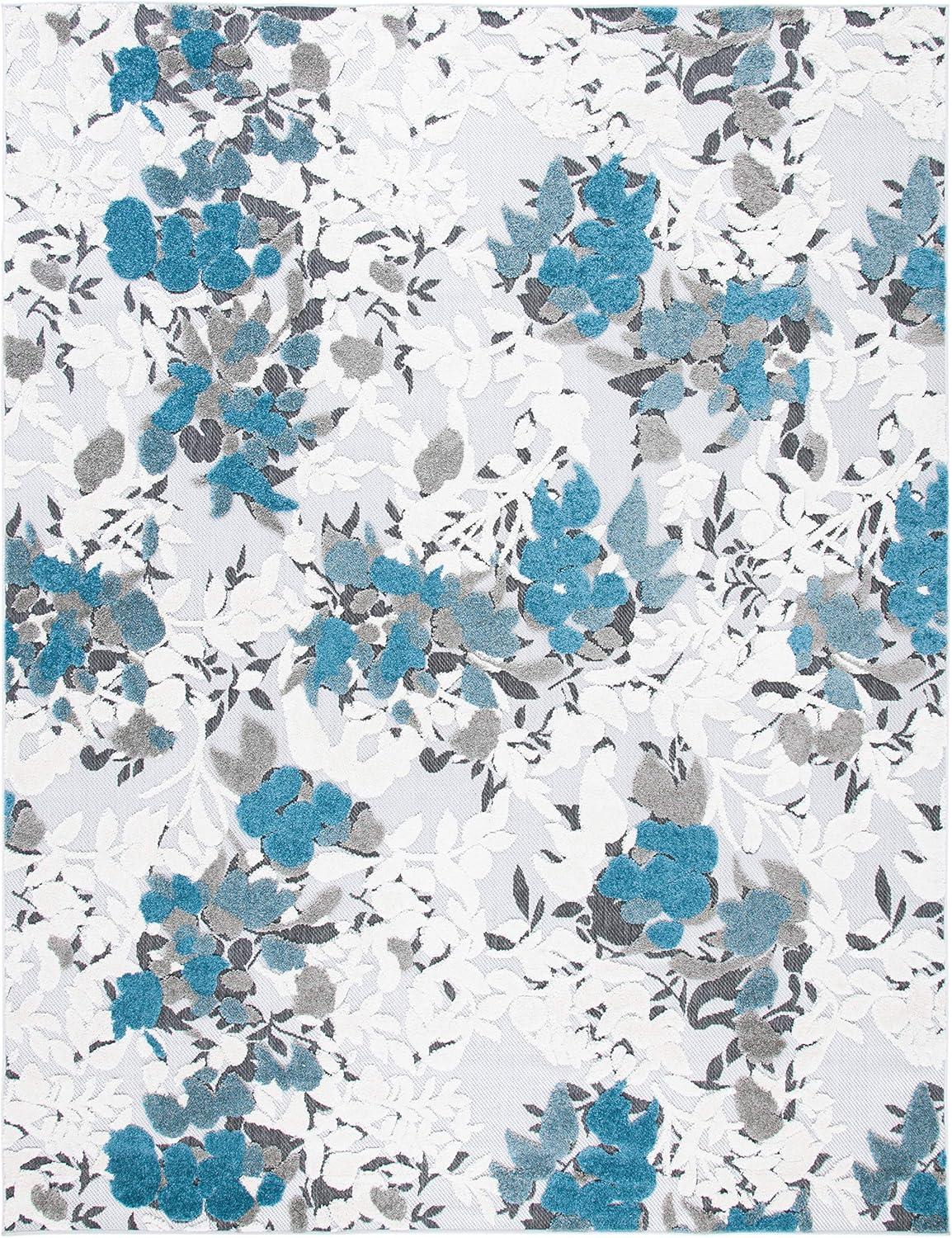 Beige and Blue Floral Synthetic 9' x 12' Area Rug