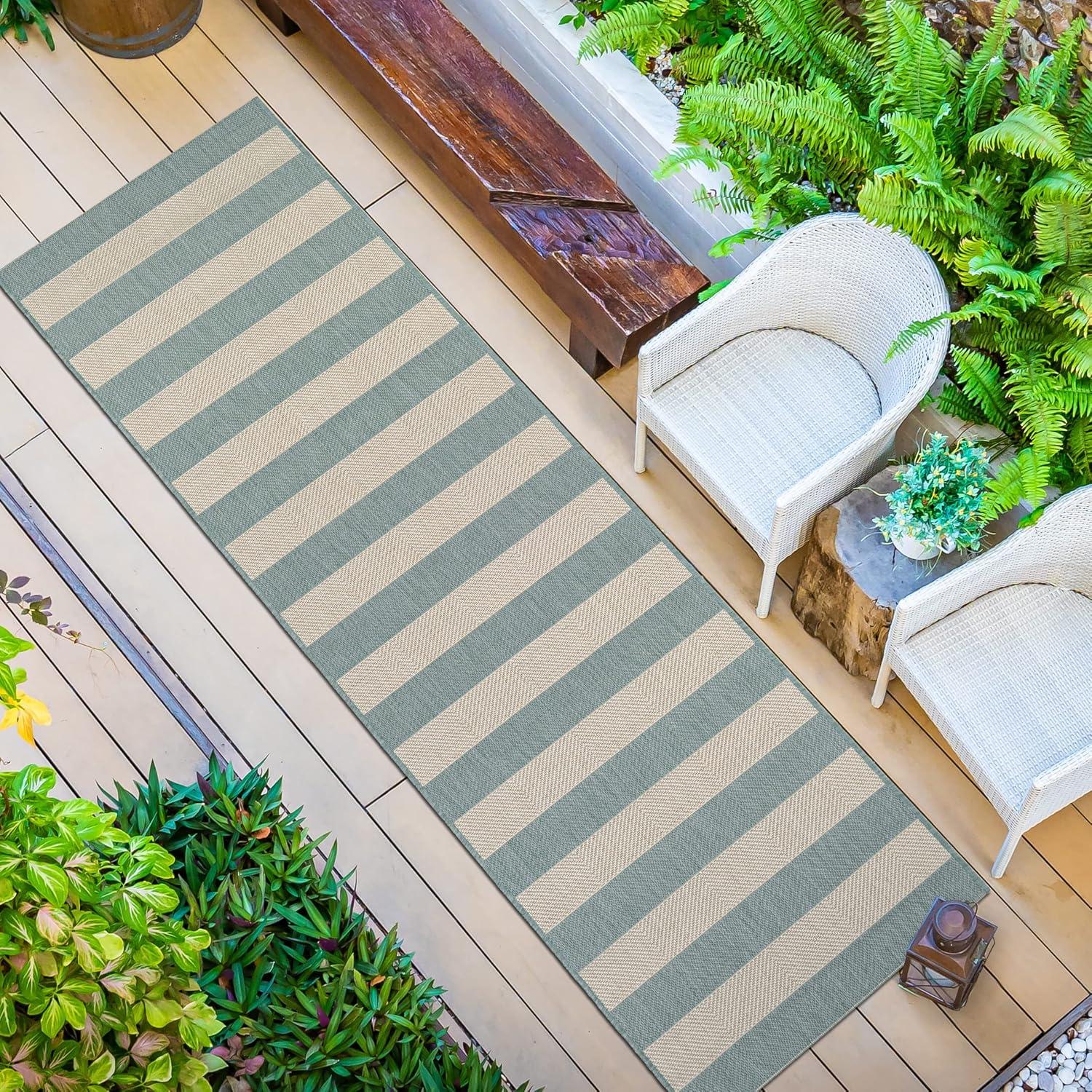 Couristan Afuera Yacht Club 2'2" x 7'10" Sea Mist Green and Ivory Stripe Outdoor Runner Rug