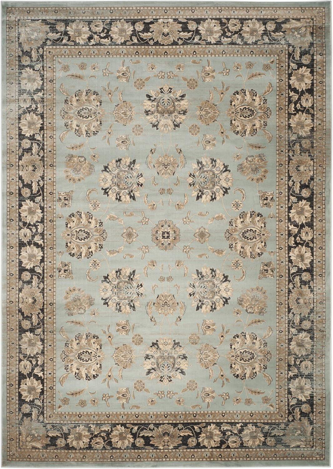 Elegant Light Blue and Black Vintage Viscose Area Rug, 8' x 11'