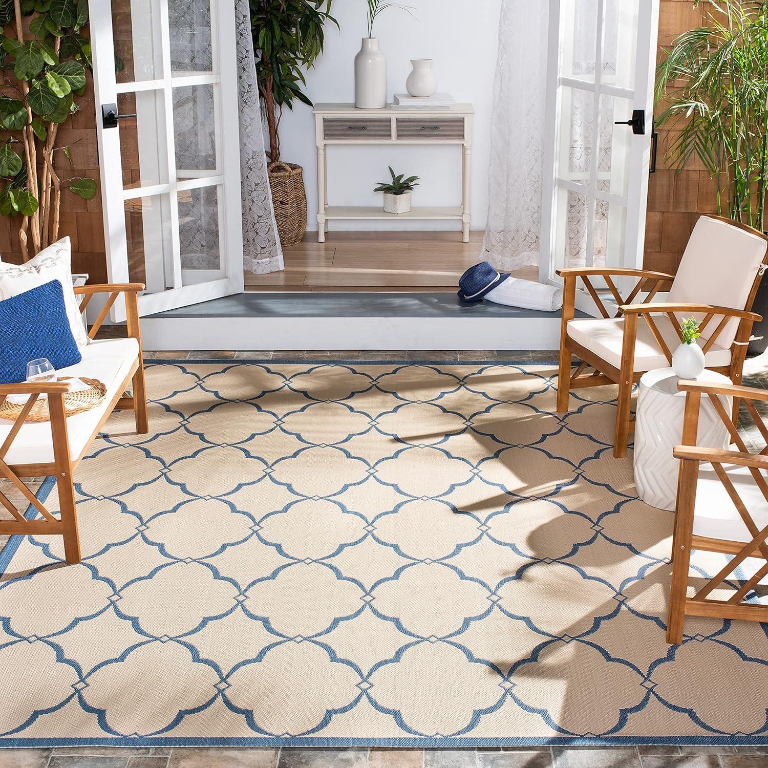 Aqua and Cream 8' x 10' Geometric Indoor/Outdoor Rug