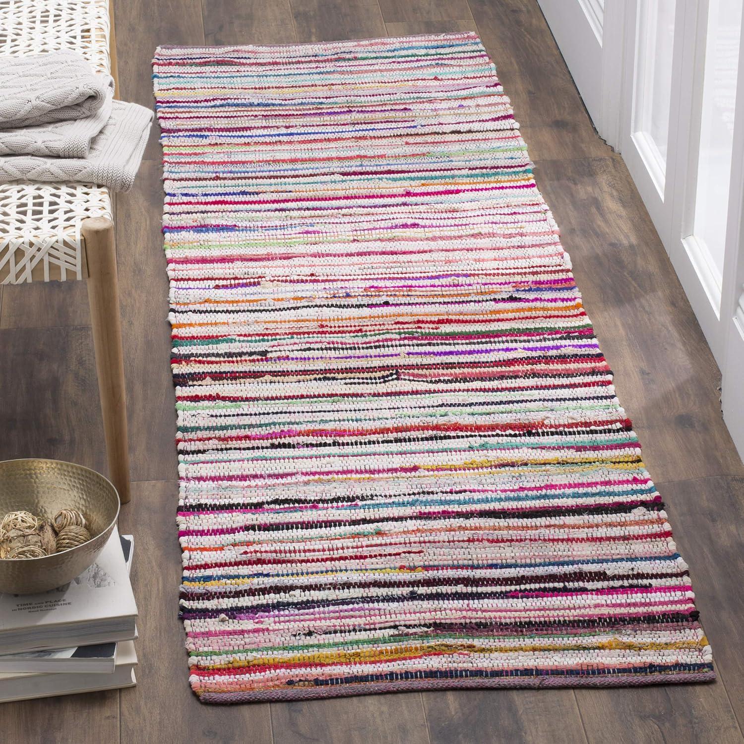 Ivory and Multicolor Handwoven Wool Cotton Stripe Rug