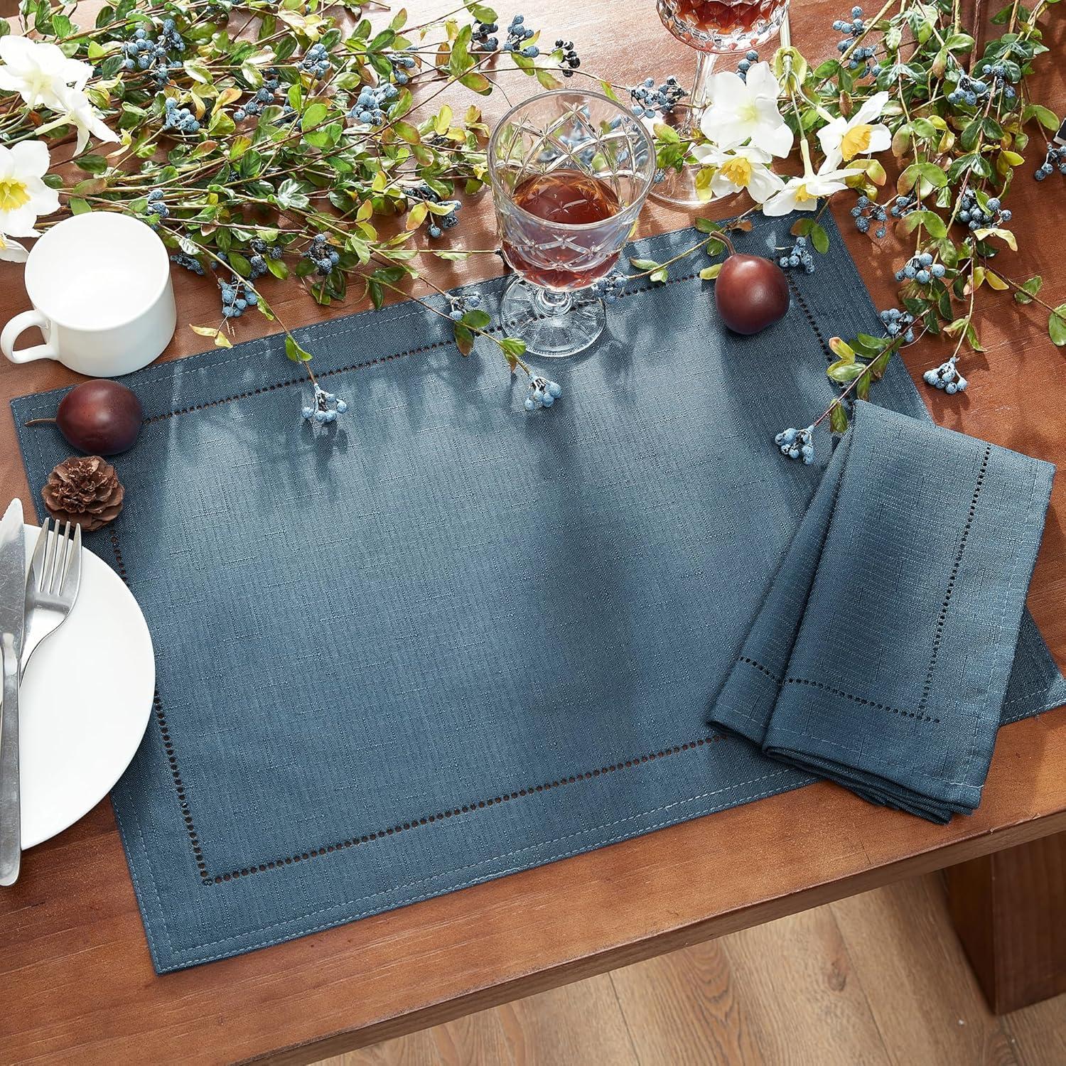 Alison Blue Eyelet Punched Border Fabric Napkin Set of 4