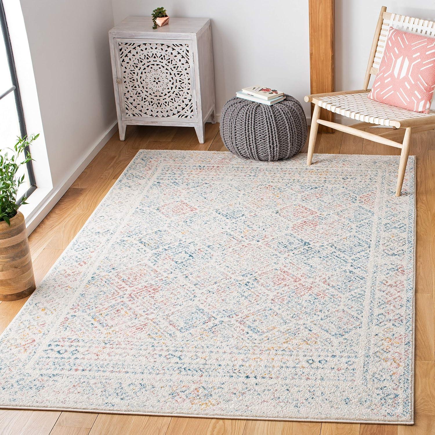 Ivory and Terracotta Geometric Square Synthetic Area Rug - Easy Care