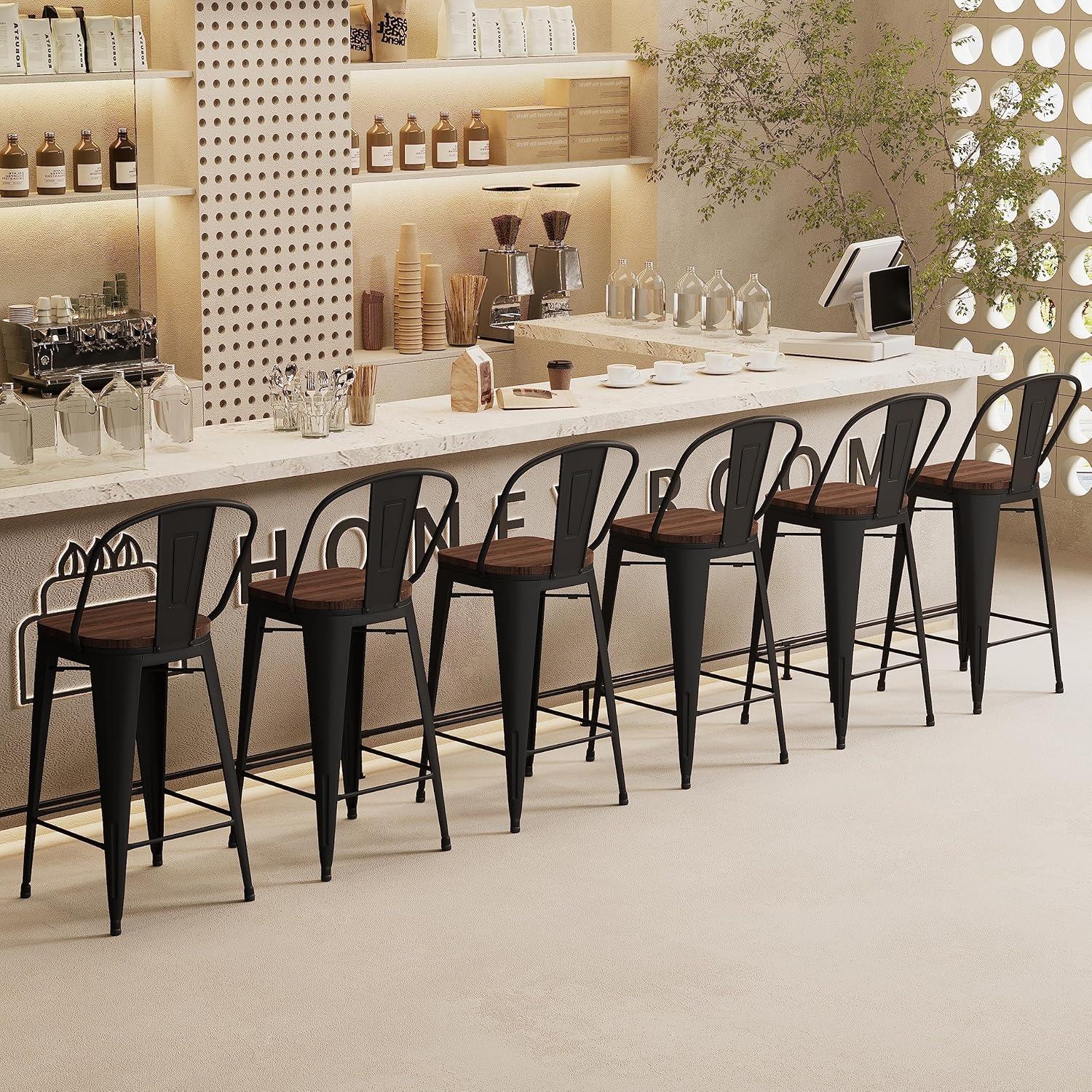 Andeworld 24" Bar Stools Set of 4,Counter Height Bar Stools with Larger Seat,Bar Stools with Back,Black Metal Bar Stools with Removable Back,Farmhouse Bar Stools,High Back Kitchen Bar Stools Chair