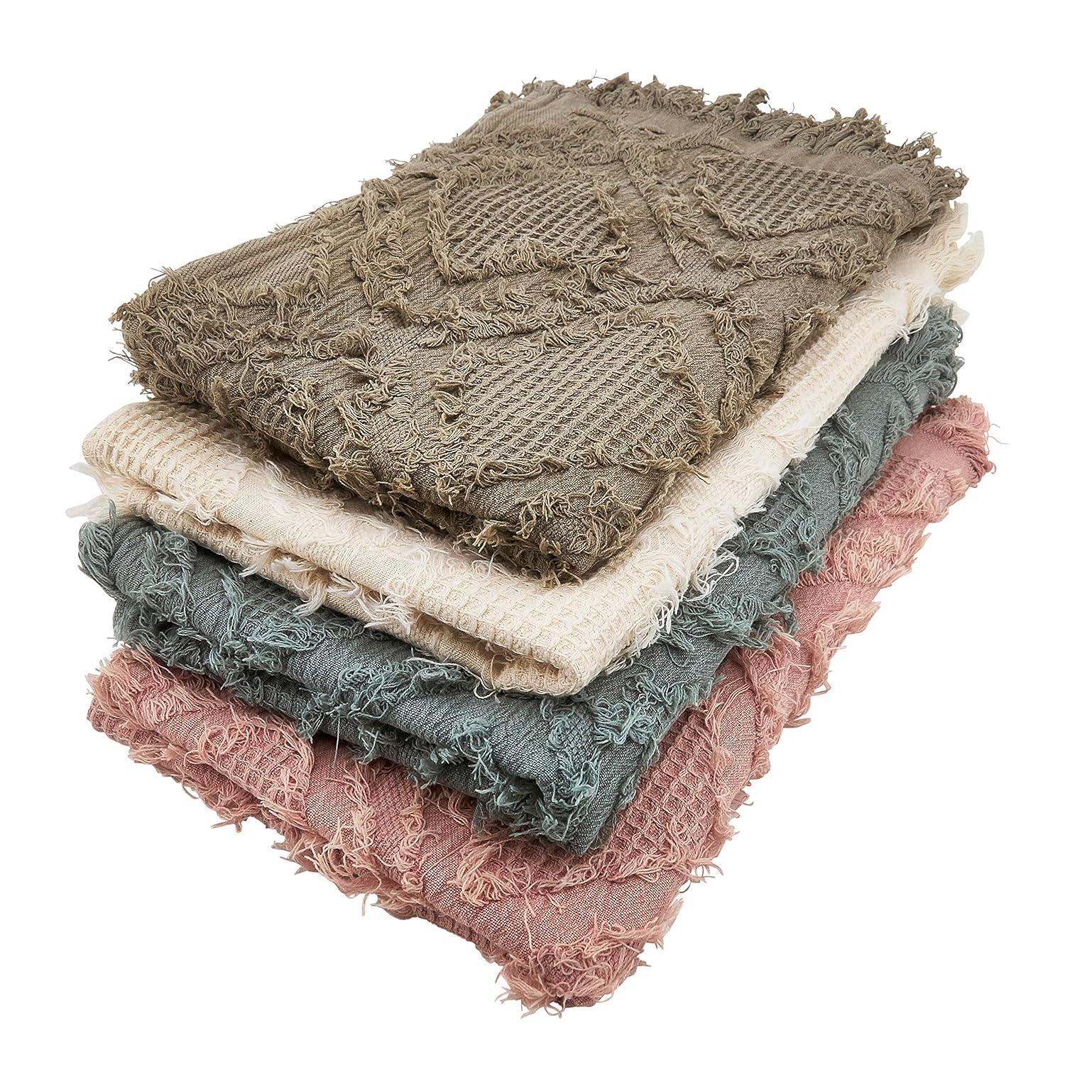 72" x 16" Cotton Waffle Weave Fringed Table Runner Blue: Geometric Abstract Rectangle - Saro Lifestyle