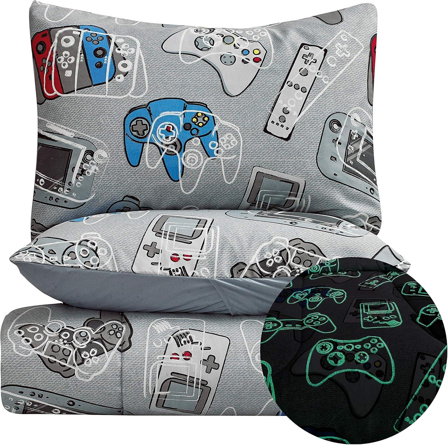 Tadpoles 3-Piece Gamer Glow in The Dark Comforter Set - Game Controllers Print - Full - Blue, Grey