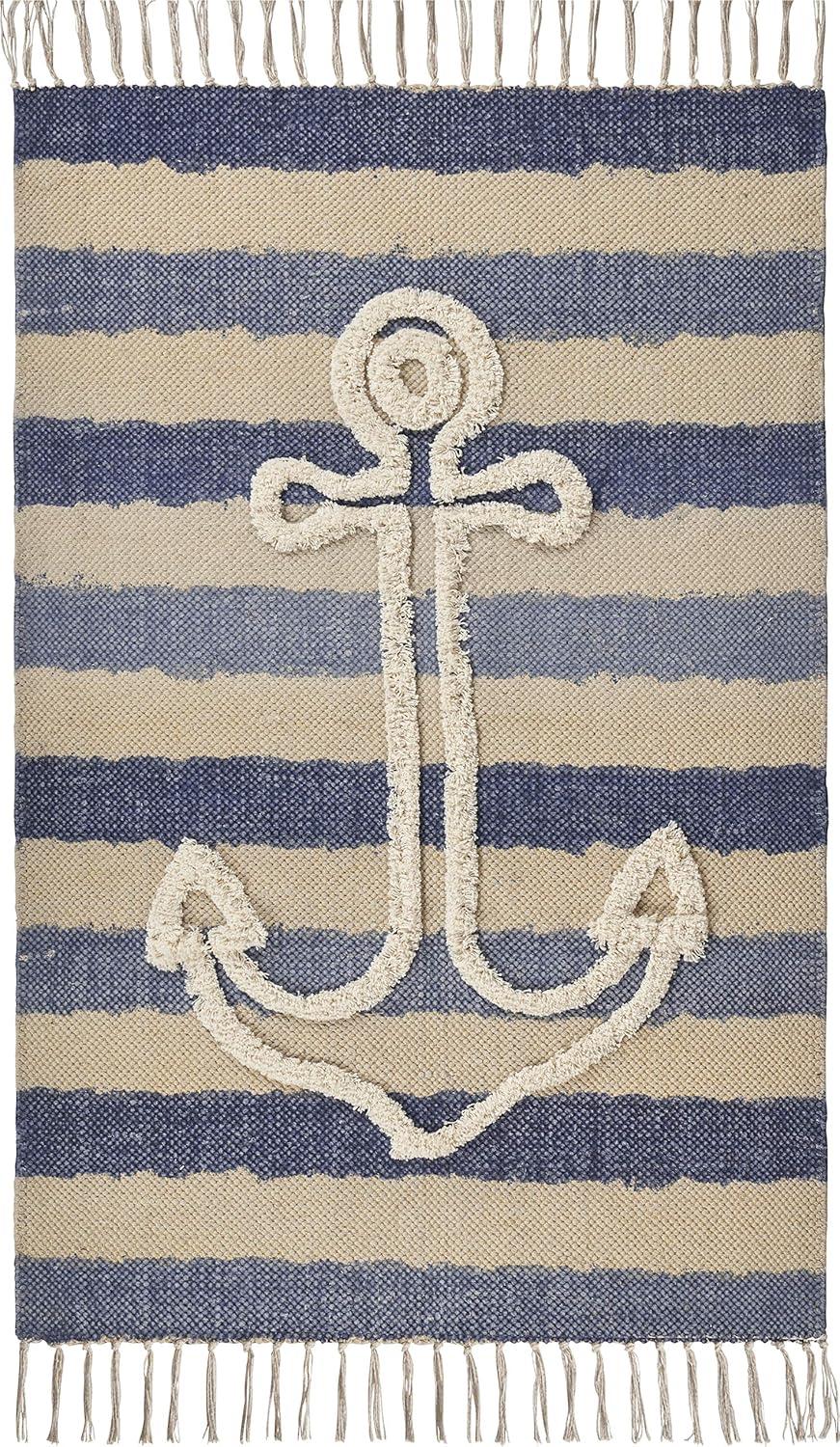 Ox Bay Anchor Navy Blue Striped 2 ft. 6 in. x 3 ft. 9 in. Nautical Tufted Scatter Accent Rug