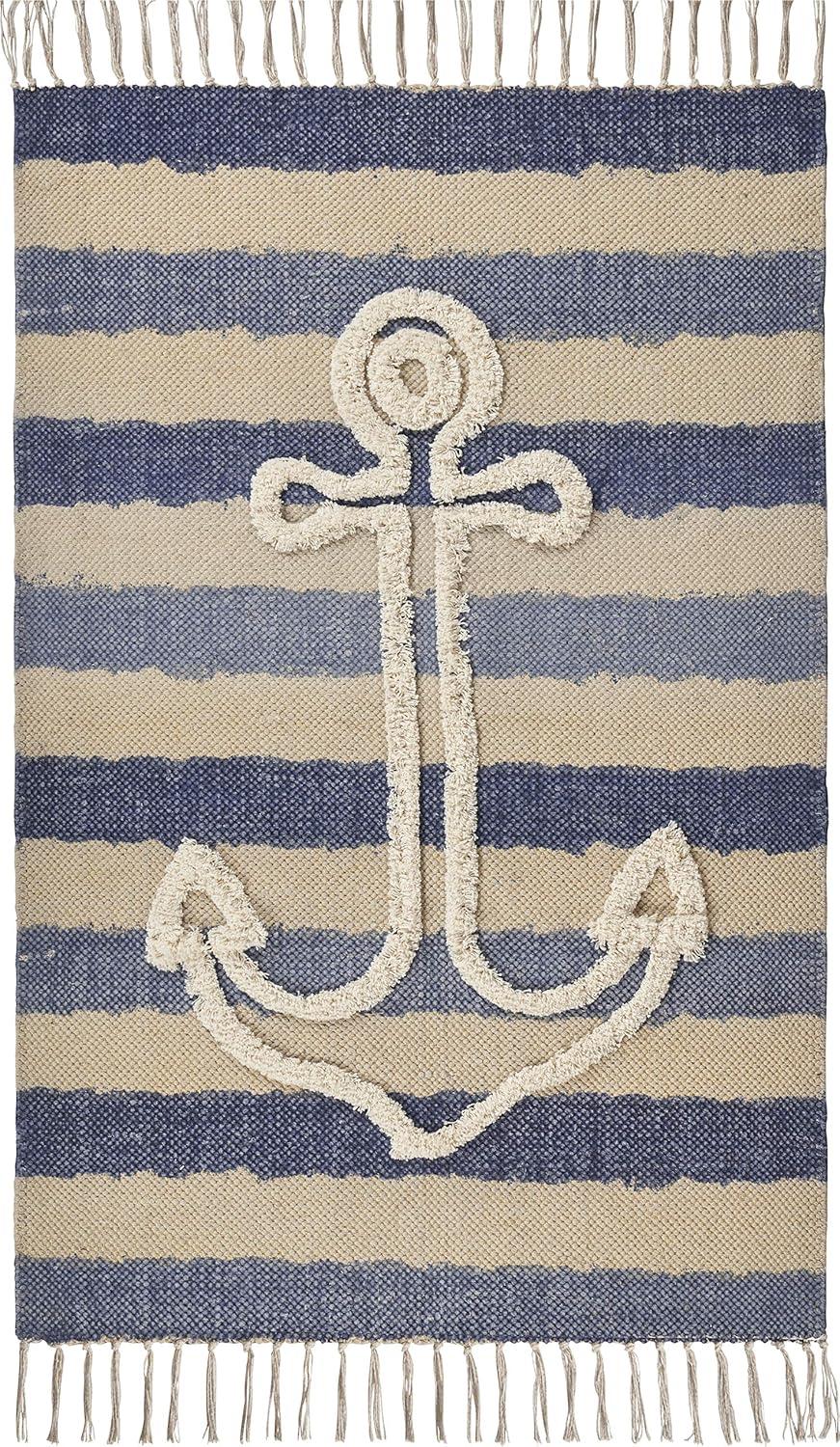 Ox Bay Blair 2'6" x 3'9" Blue/Beige Shag Anchor Striped Durable Indoor Area Rug