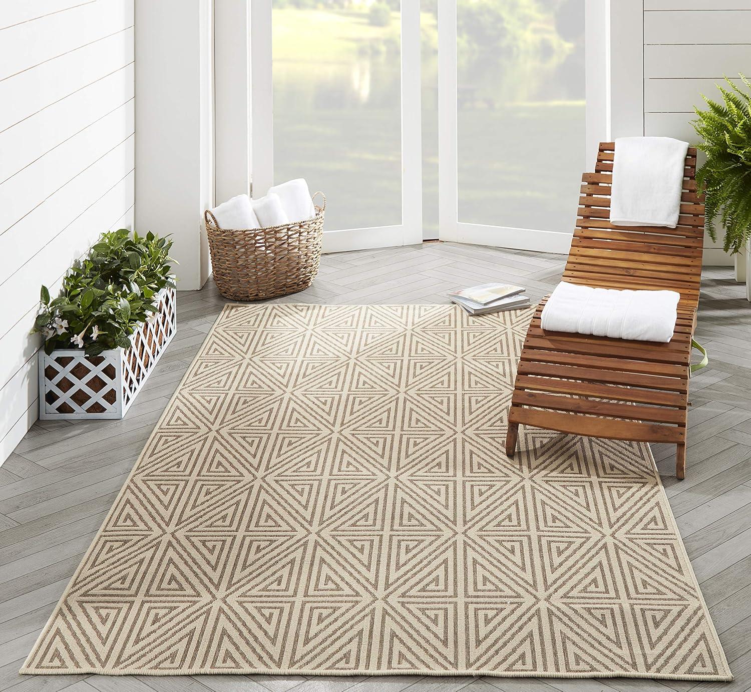 Taupe Geometric Pattern Rectangular Synthetic Area Rug