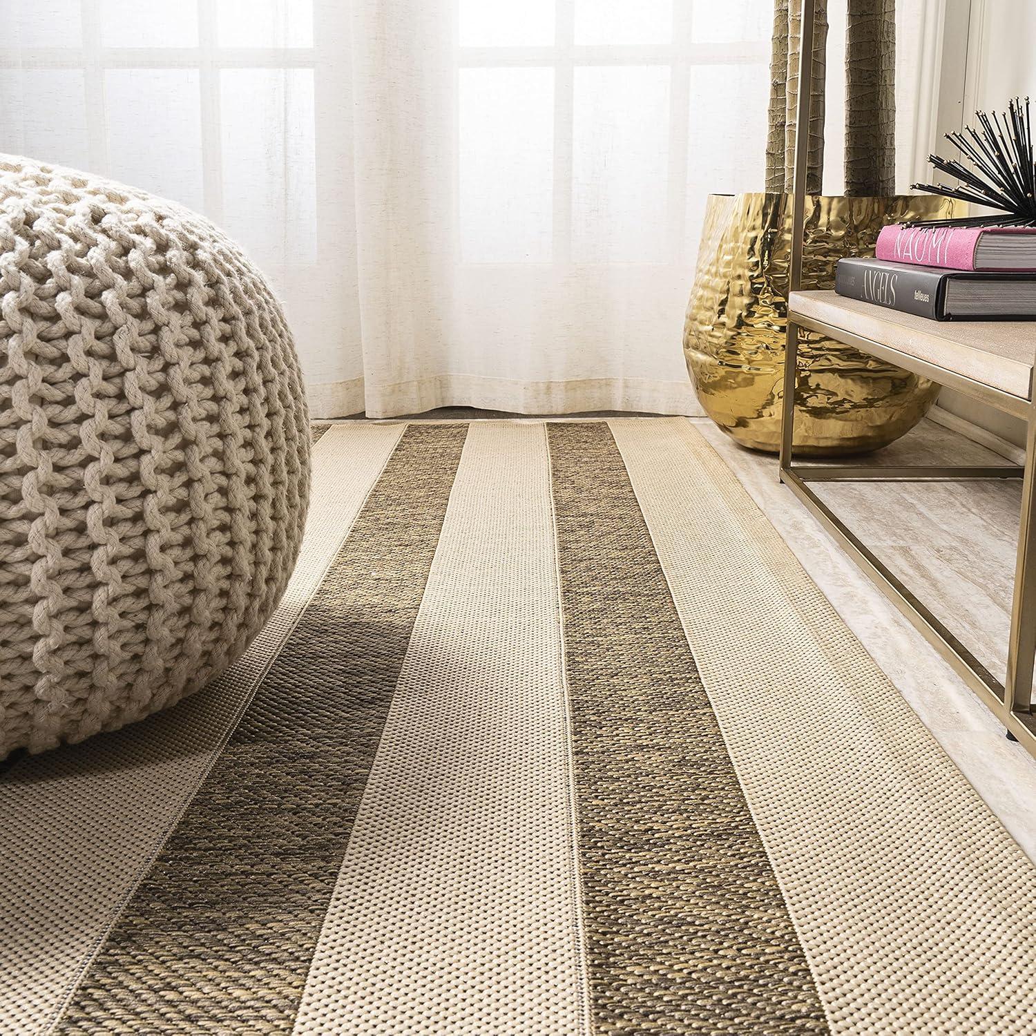 2'x8' Aveiro Wide Stripe Indoor/Outdoor Runner Rug, Beige/Brown - JONATHAN Y