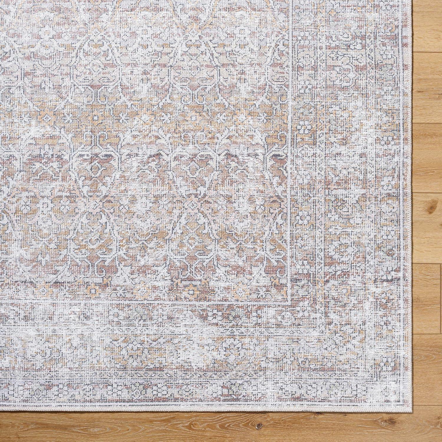 Taupe and Cream Rectangular Washable Synthetic Area Rug