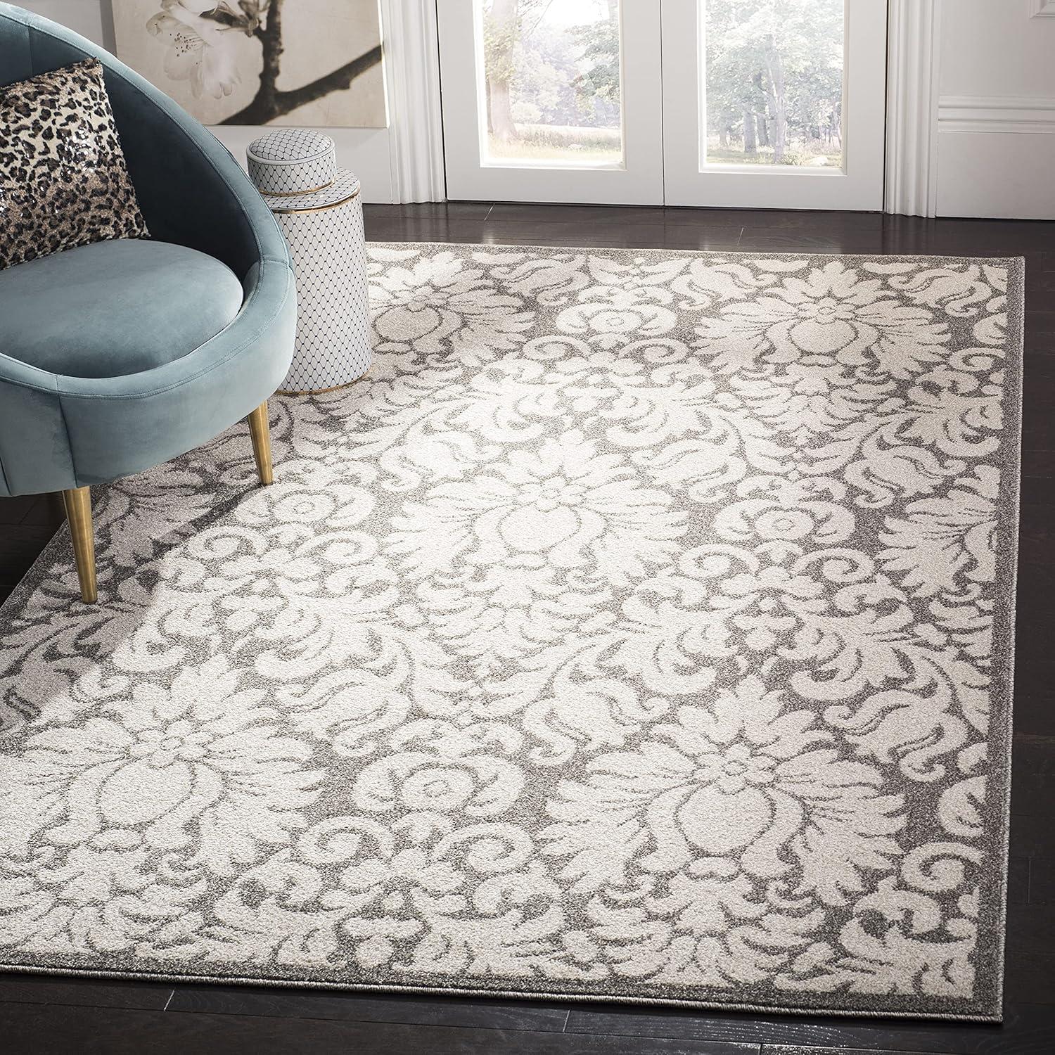 Elegant Gray Floral Reversible Synthetic Area Rug 5'3" x 8'