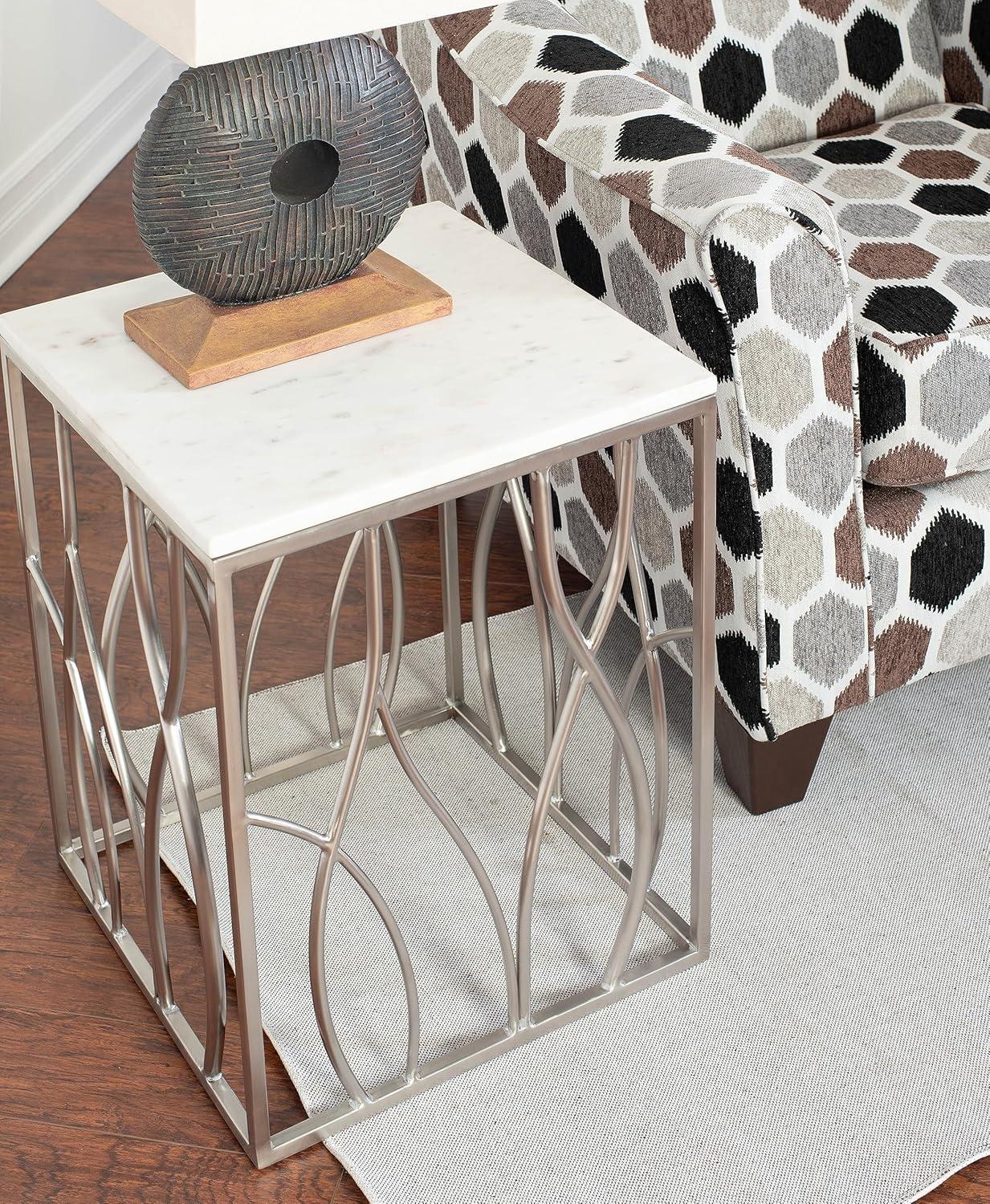 Roundhill Furniture Kameral Square Marble End Table with Stainless Steel Base
