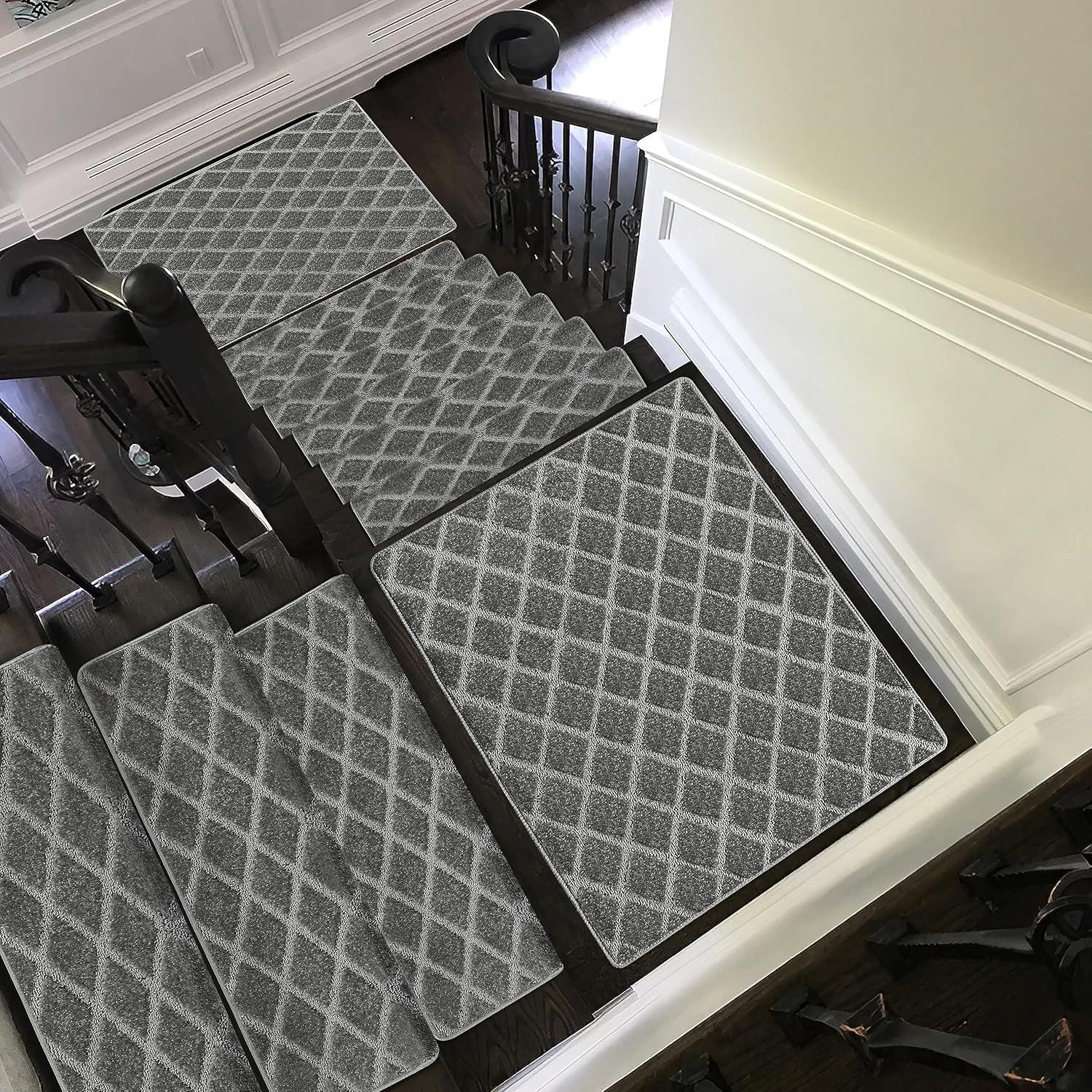 PURE ERA Bullnose Carpet Stair Treads Protectors for Wooden Steps 9.5" x 30"x1.2" Pet Friendly Tape Free Non-Slip (Set of 14 Pieces,Gray Diamond Trellis)