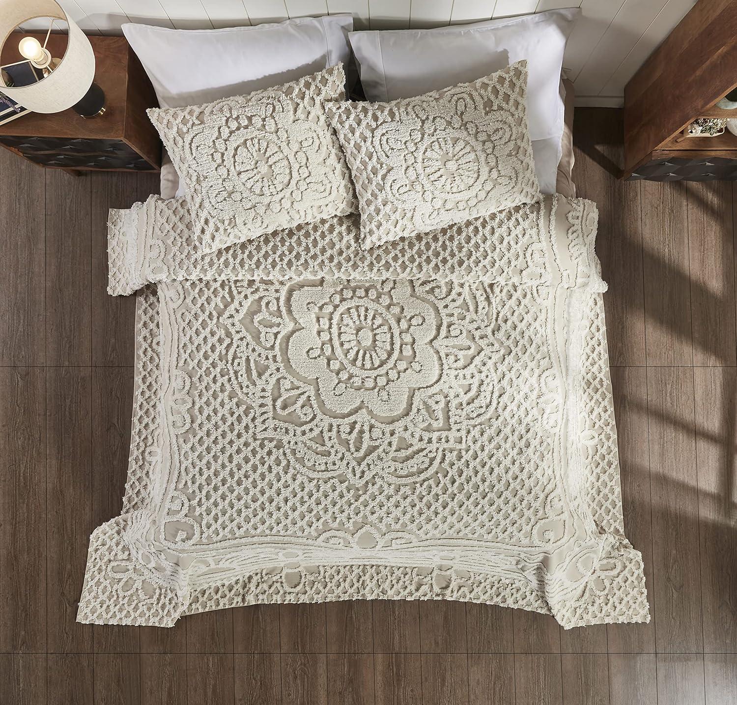 Full Size Beige Cotton Chenille Bedspread Set