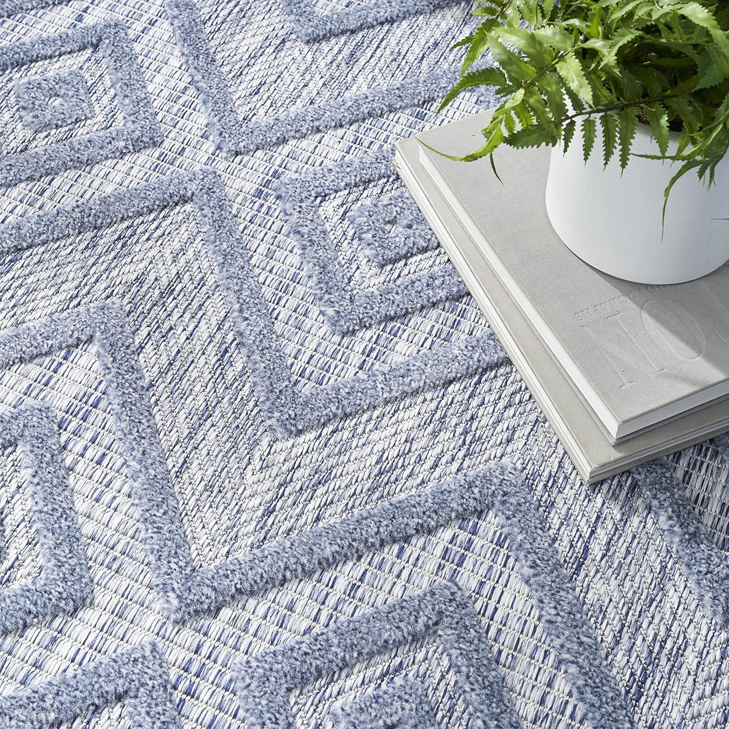 Nourison Versatile Diamond Geometric Flatweave Indoor Outdoor Area Rug Denim Blue 6' x 9'