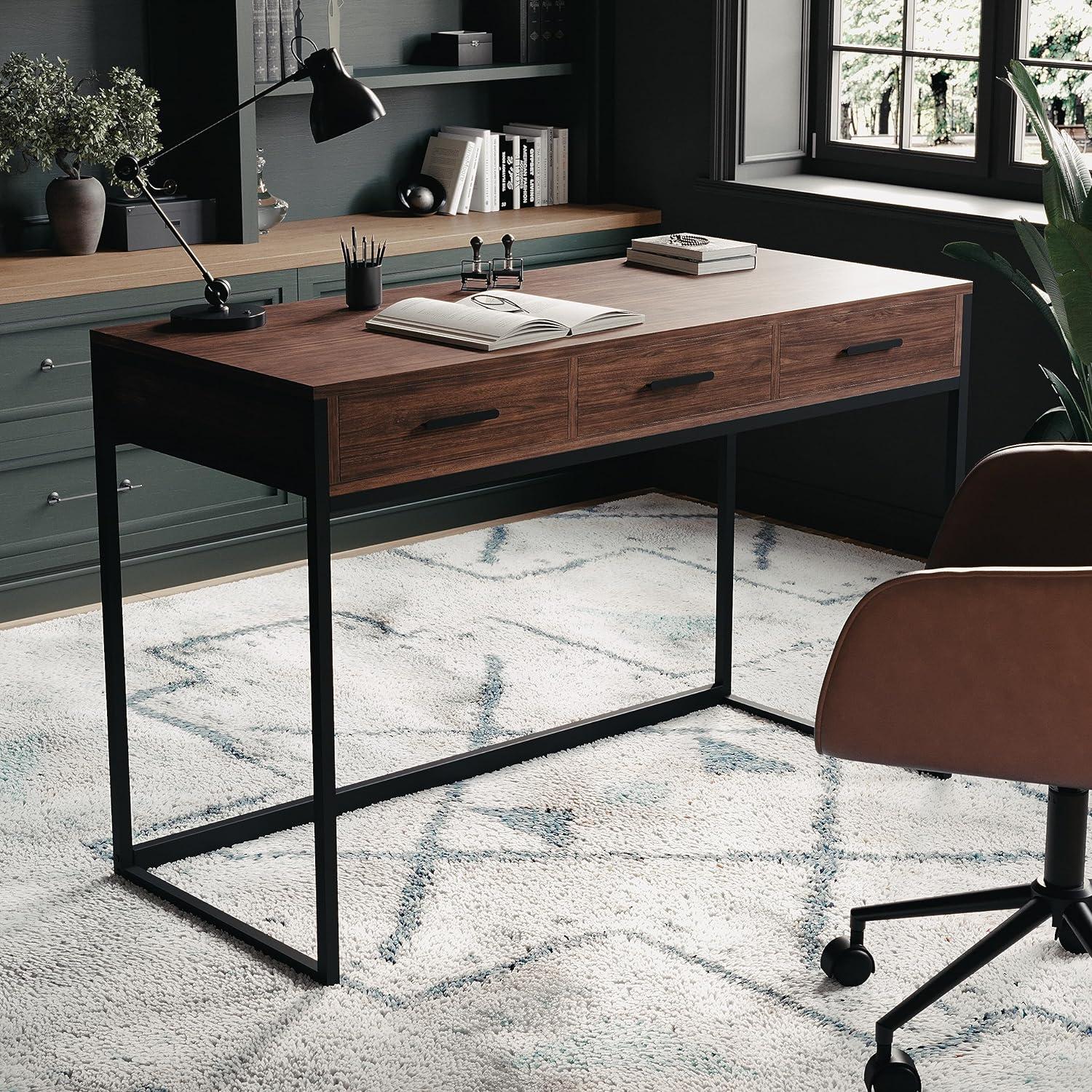 Walnut Wood Grain Desk with Oil Rubbed Bronze Frame and Drawers