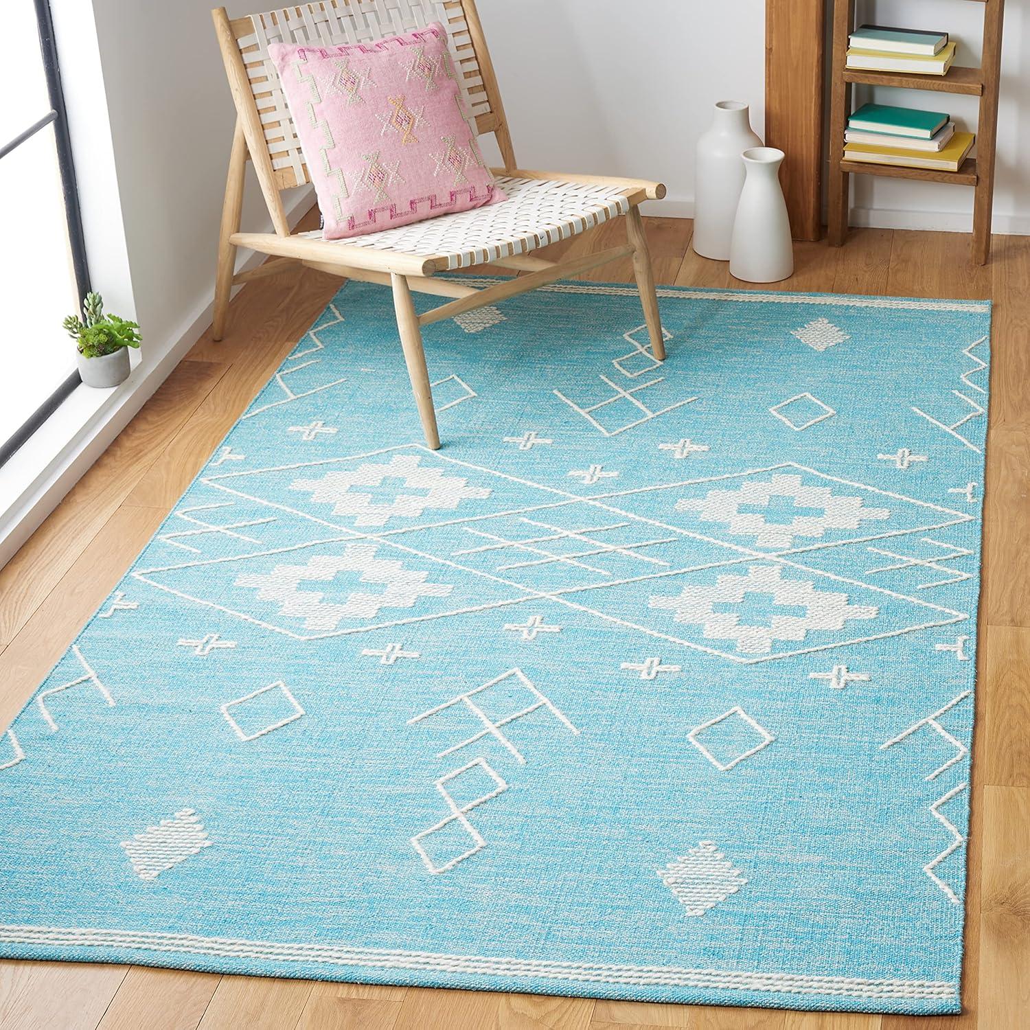 Teal and Ivory Flat Woven Wool Cotton Area Rug 4' x 6'