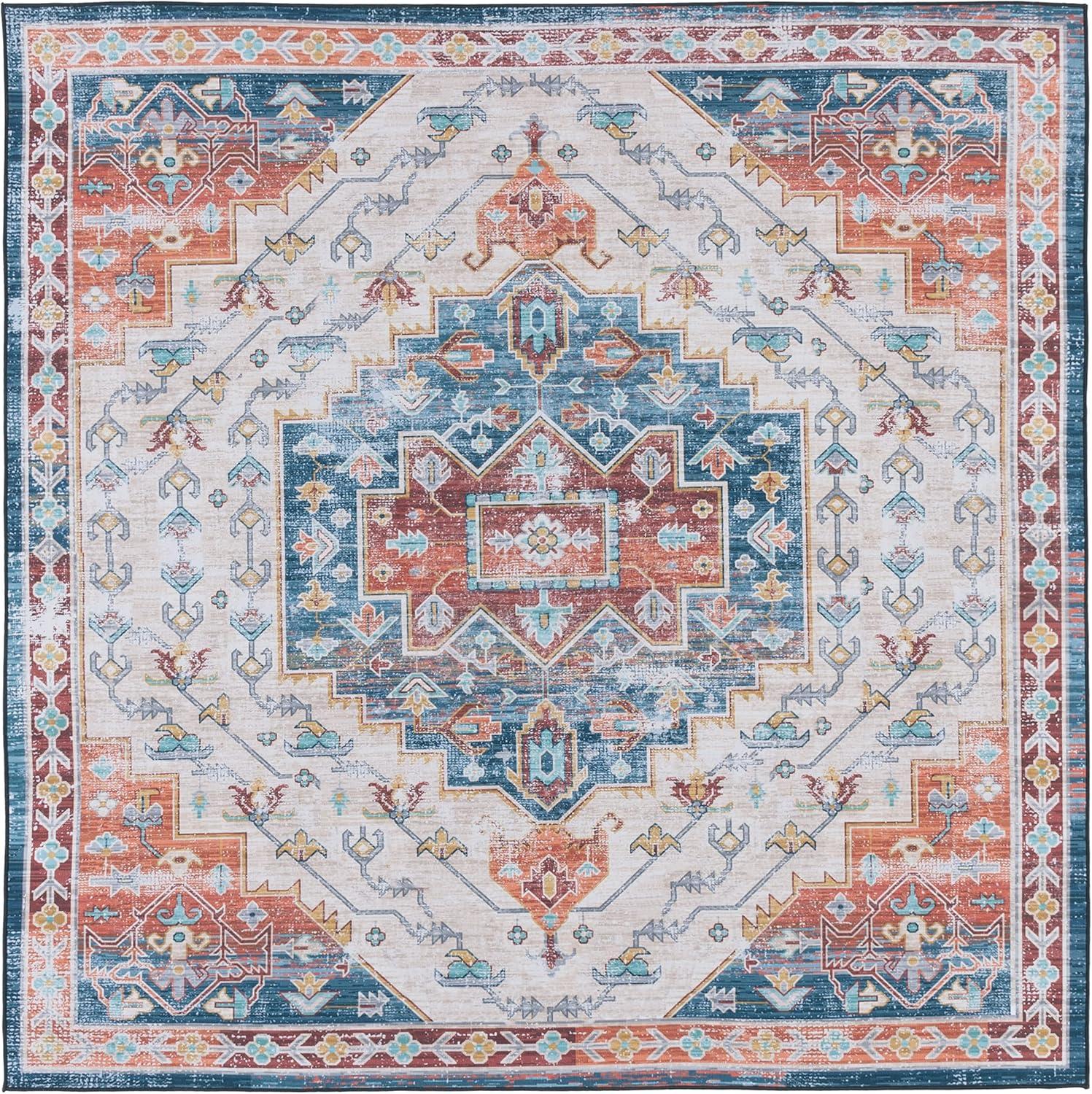 Tucson TSN116 Power Loomed Machine Washable Area Rug - Blue/Rust - 6'x6' - Safavieh.
