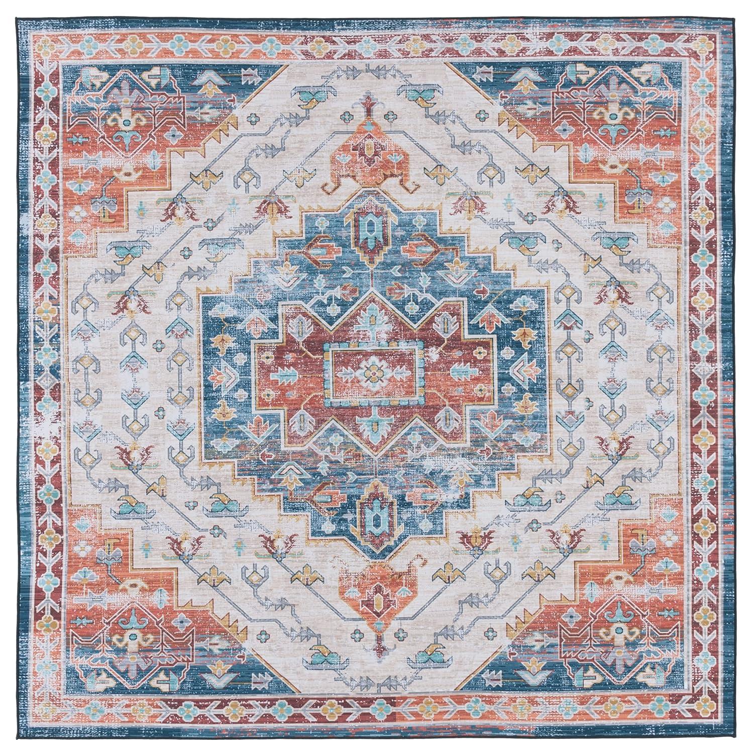 Tucson TSN116 Power Loomed Machine Washable Area Rug - Blue/Rust - 6'x6' - Safavieh.