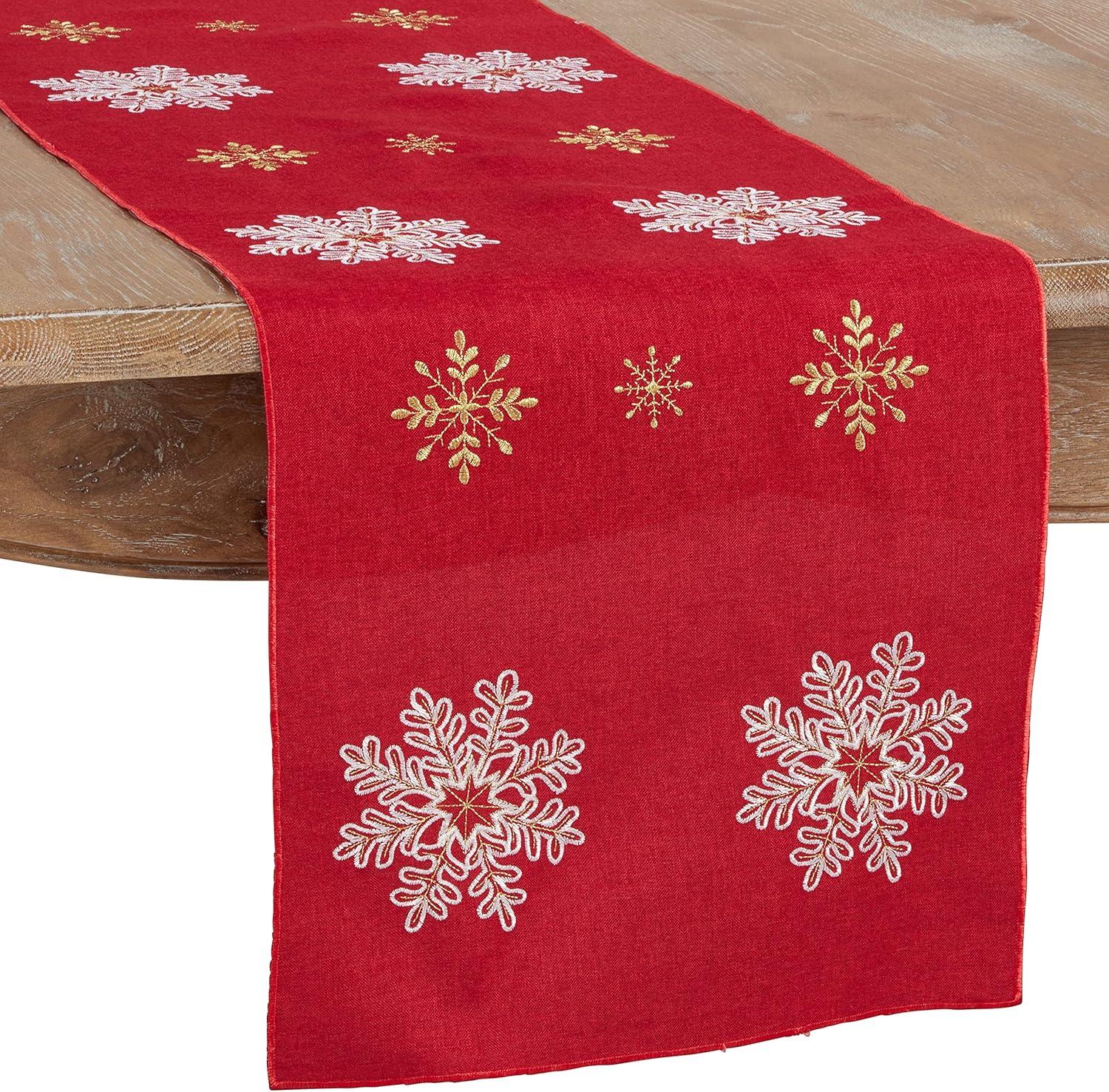 Ivory Polyester Snowflake Embroidered Winter Table Runner