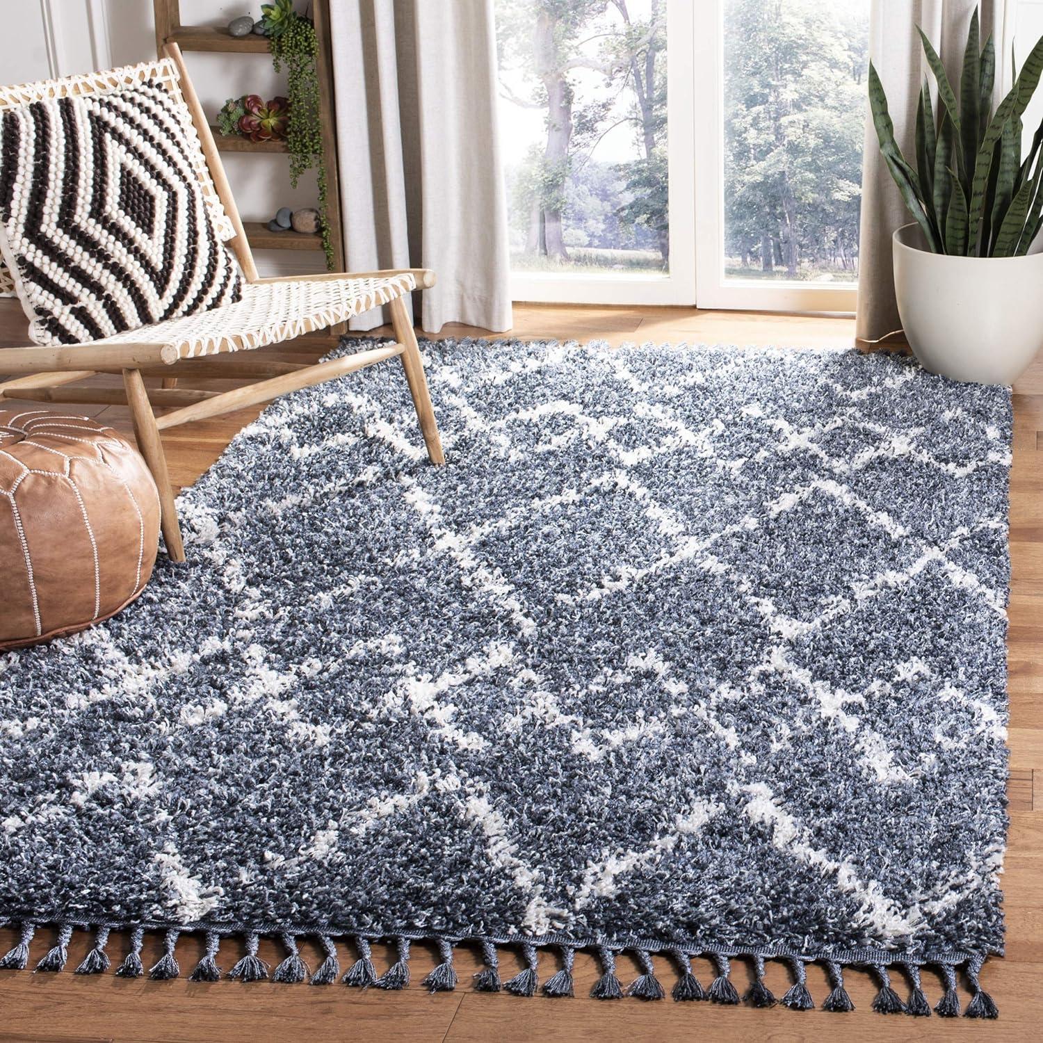 Blue and Creme Geometric Shag Area Rug with Tassels