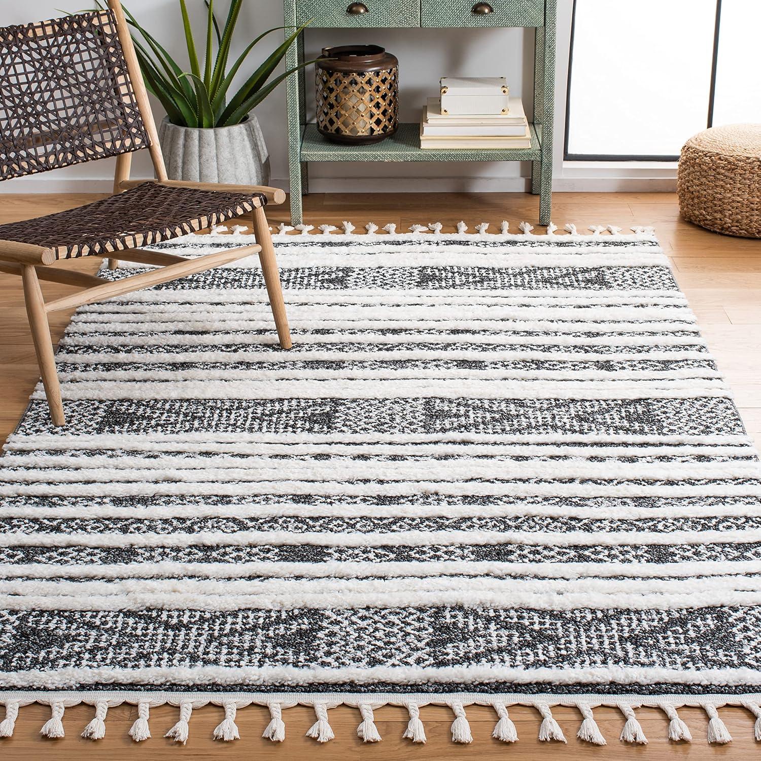 Moroccan Tassel Shag MTS632 Power Loomed Area Rug - Black/Ivory - 5'3"x7'6" - Safavieh.