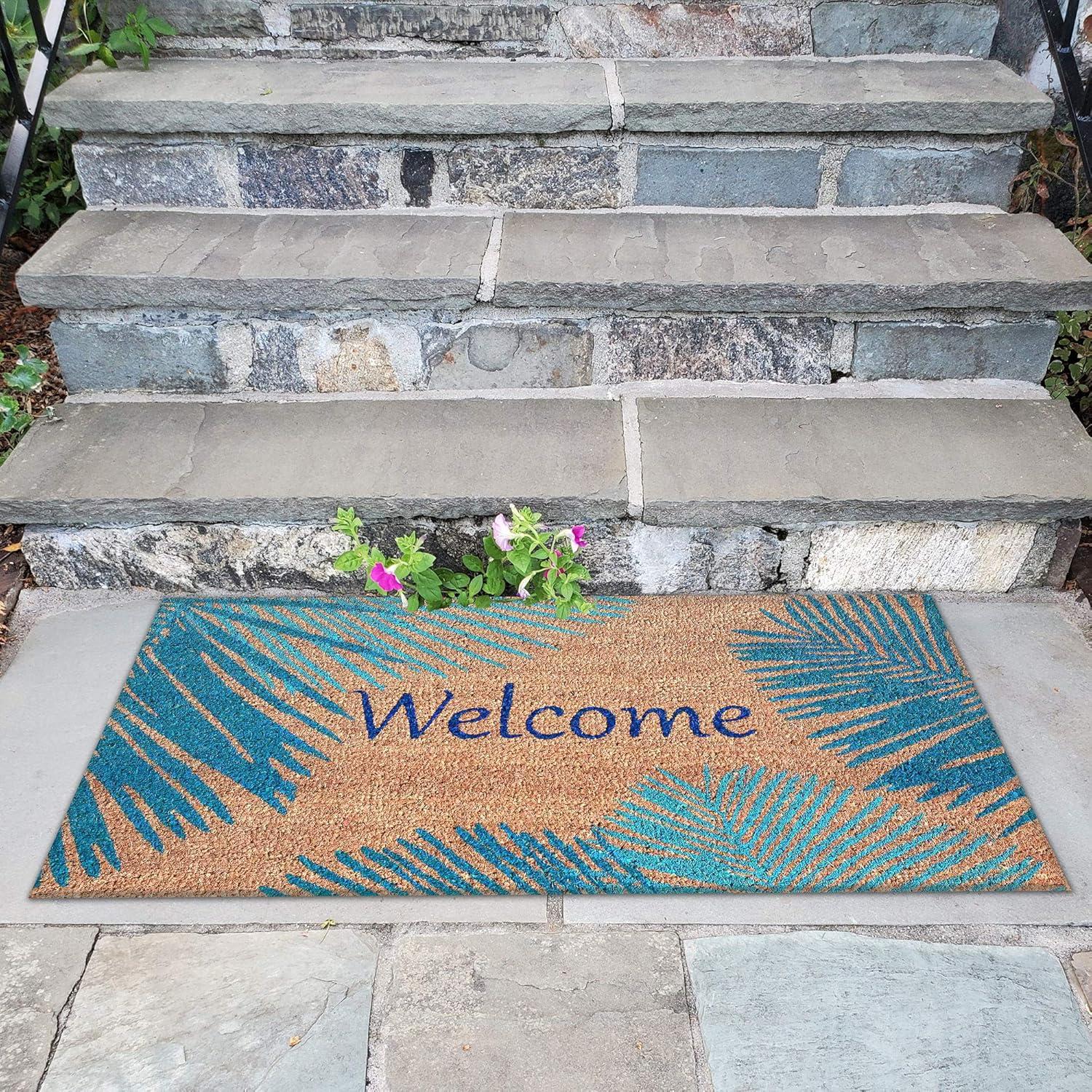 Blue Coir Outdoor Doormat with Palm Border, 24" x 36"