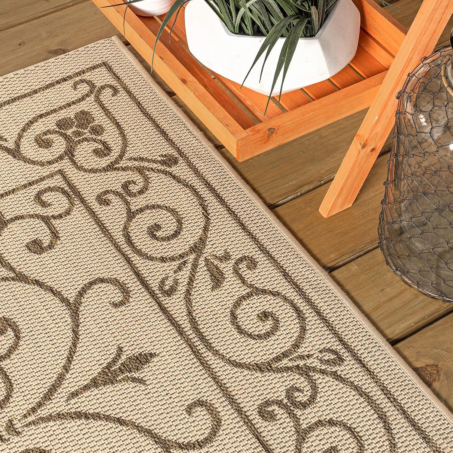 9' X 12' Charleston Vintage Filigree Textured Weave Indoor/Outdoor Area Rug, Beige/Brown - JONATHAN Y