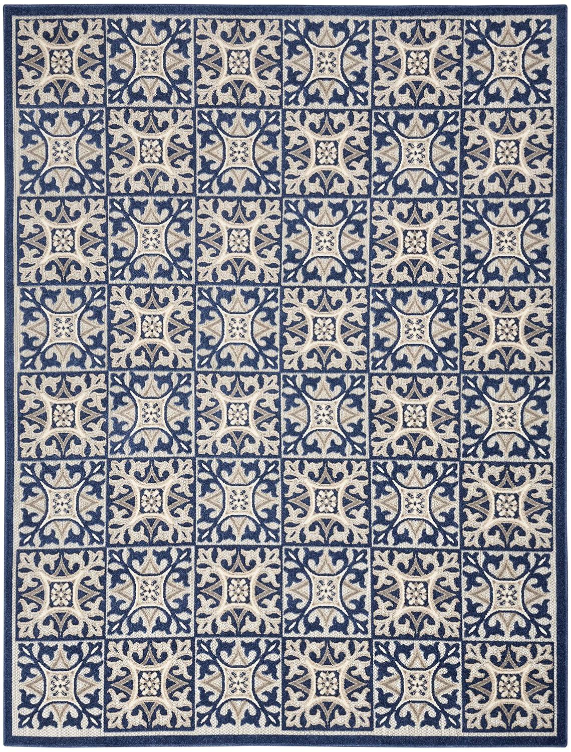 Nourison Aloha Modern Mosaic Flatweave High-Low Indoor Outdoor Area Rug Blue 6' x 9'