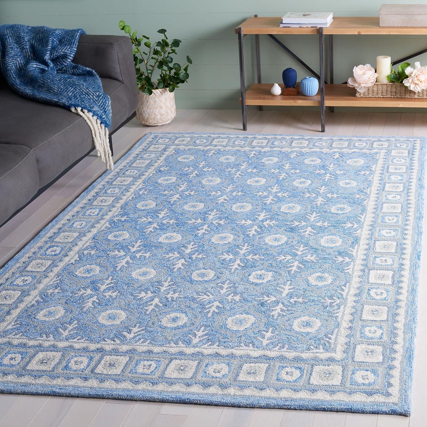 Handmade Blue Wool Square Tufted Rug, 6' x 6'