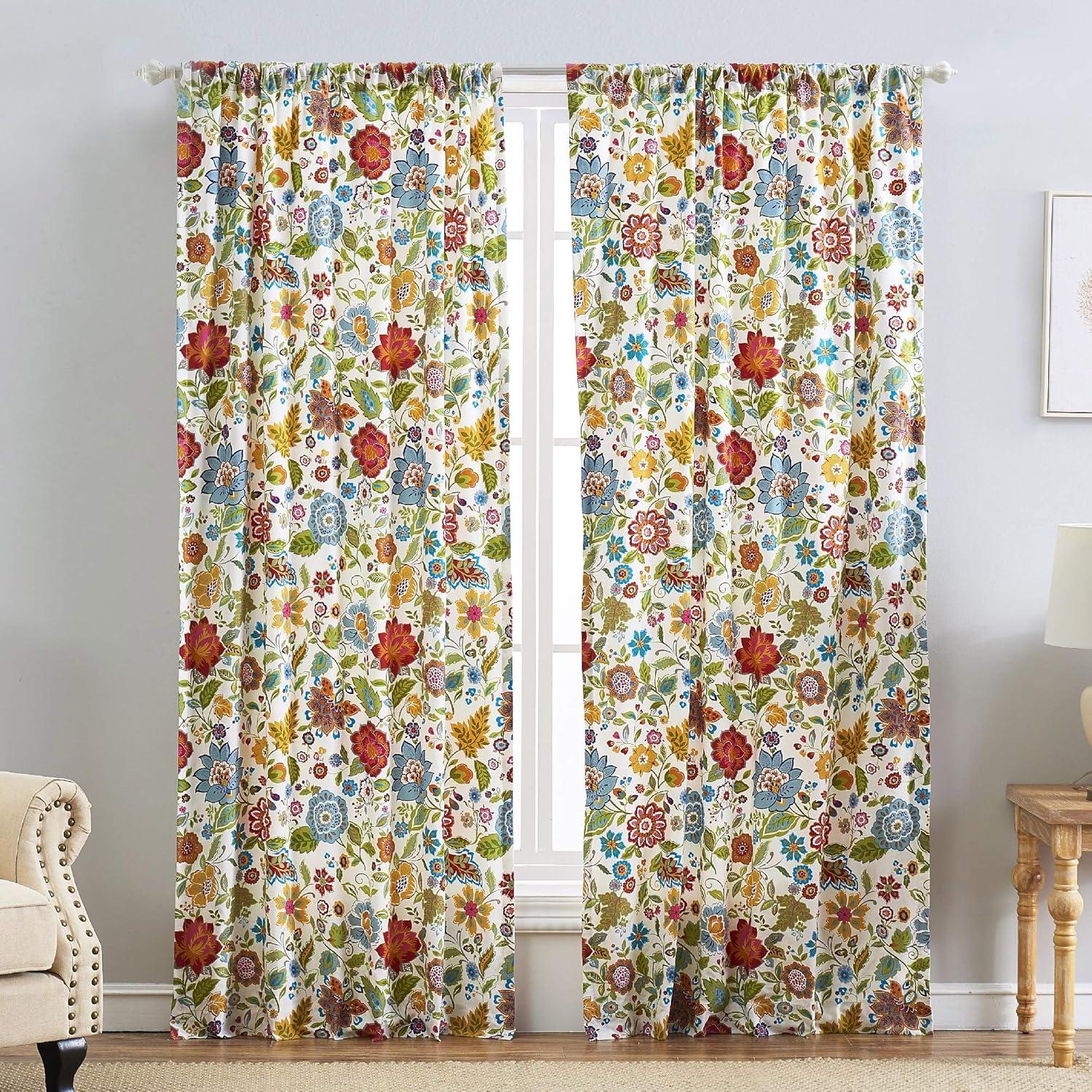 White Floral Polyester Sheer Rod Pocket Drapes