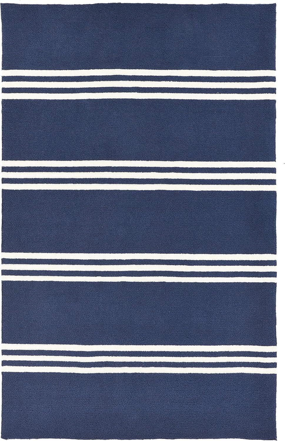 Momeni  Veranda Hand Hooked Contemporary Striped Indoor Outdoor Rug Maritime Blue 5' x 8' Latex Free Polypropylene Stripe, Solid 0.25 - 0.5 inch