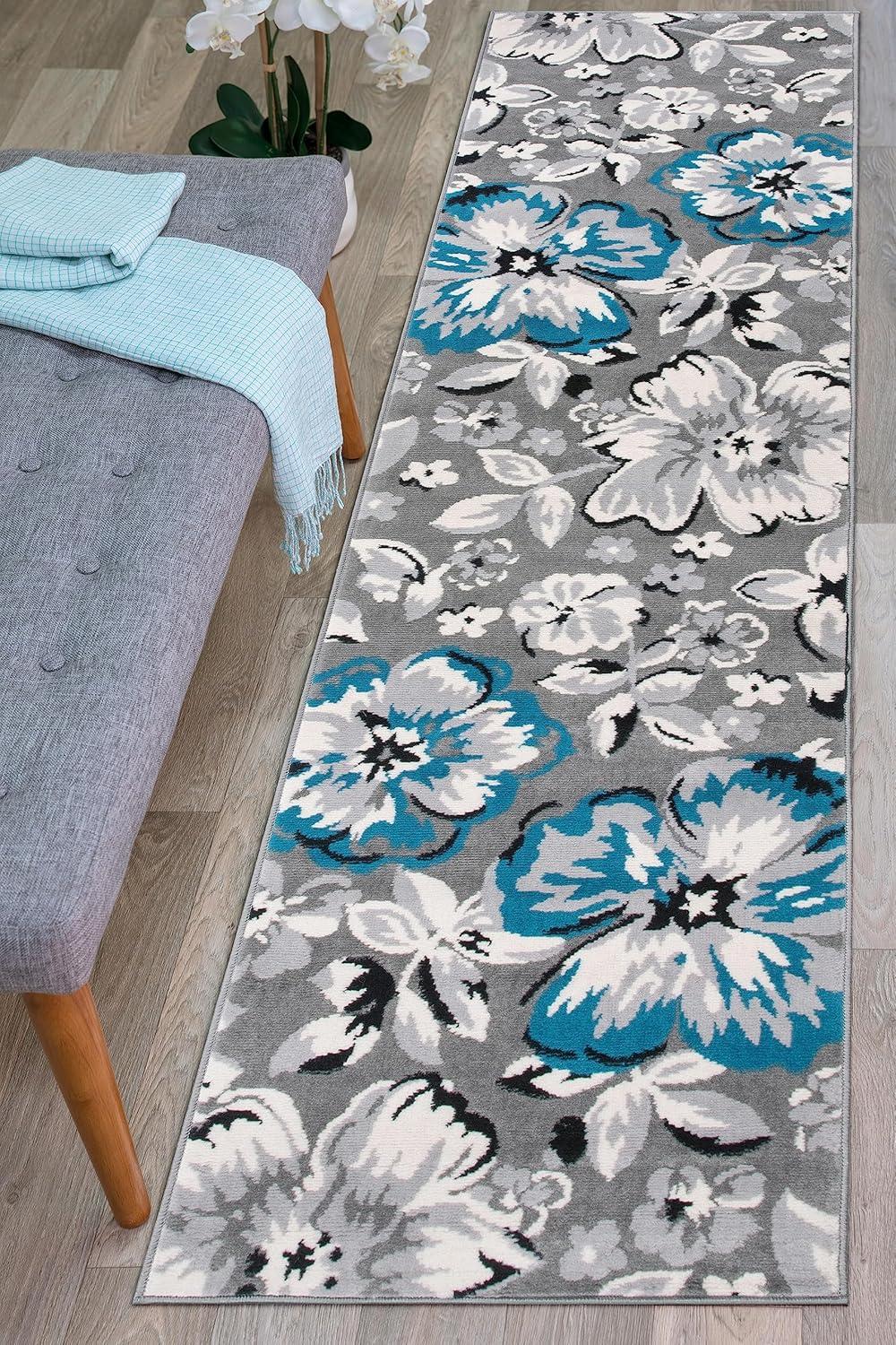 World Rug Gallery Modern Floral Design Blue 2' x 10' Runner Rug