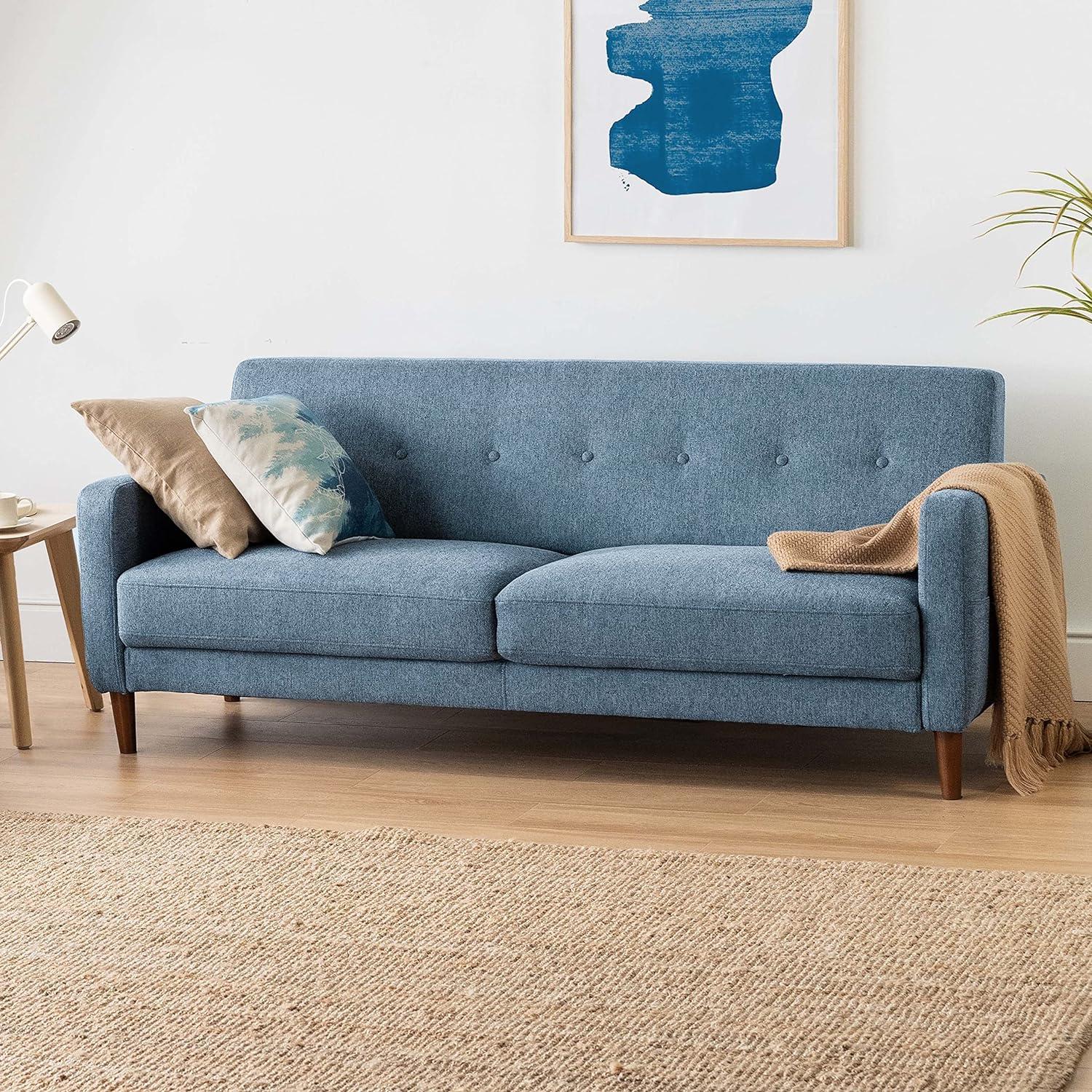 Heather Blue Tufted Linen Fabric Mid-Century Modern Sofa