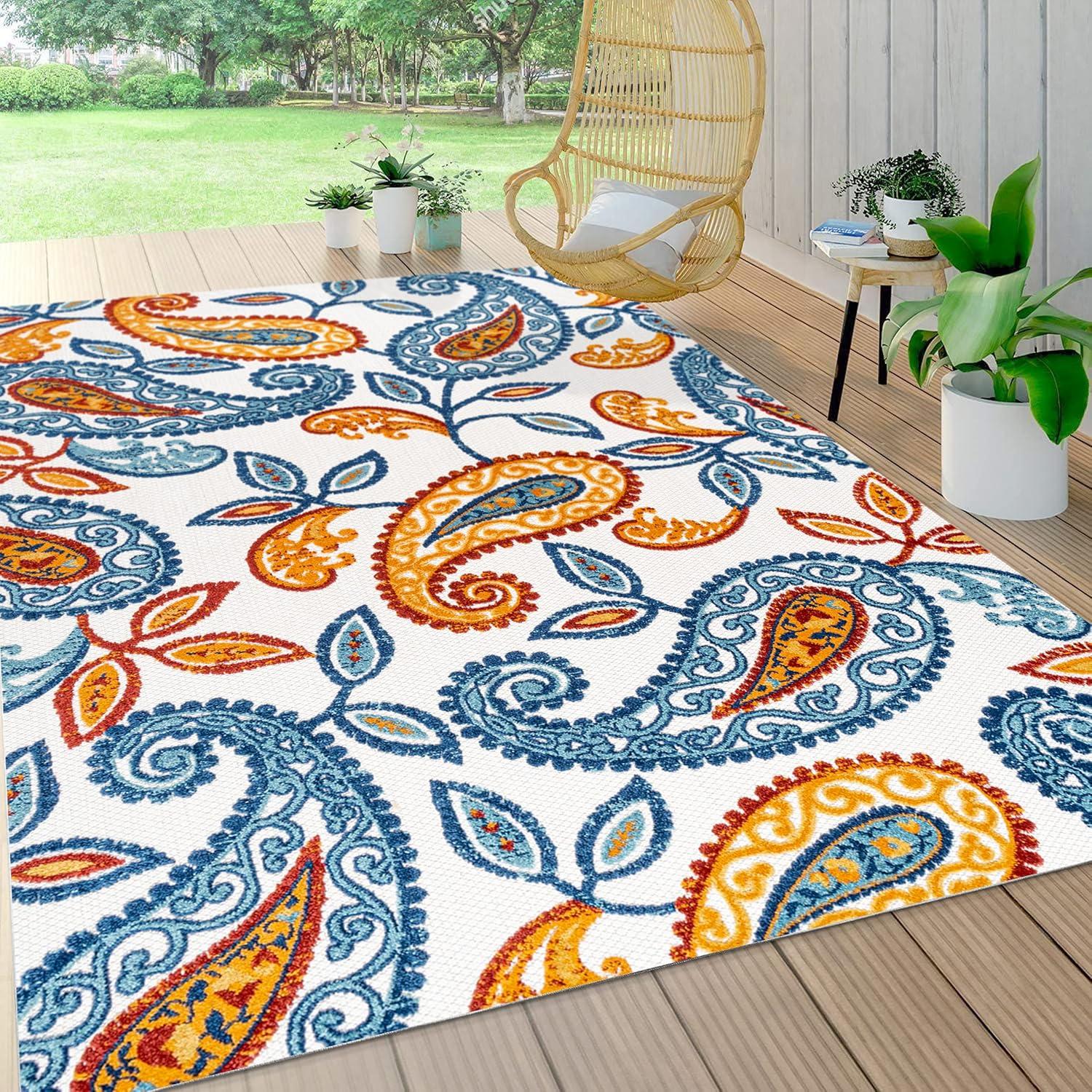 Julien Paisley Orange and Blue Indoor/Outdoor Area Rug