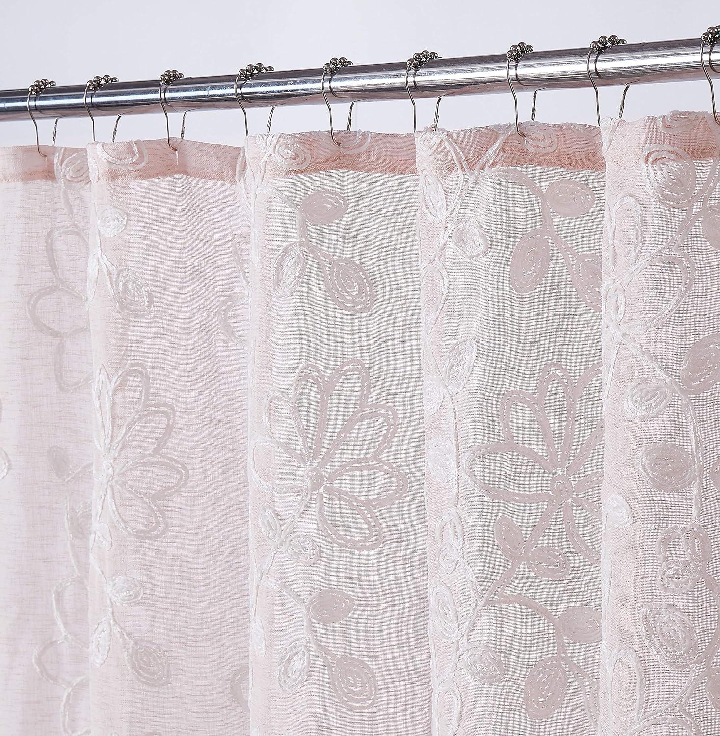 Dainty Home Stella 3D Floral Chenille Embroidered Linen Textured Shower Curtain - Blush