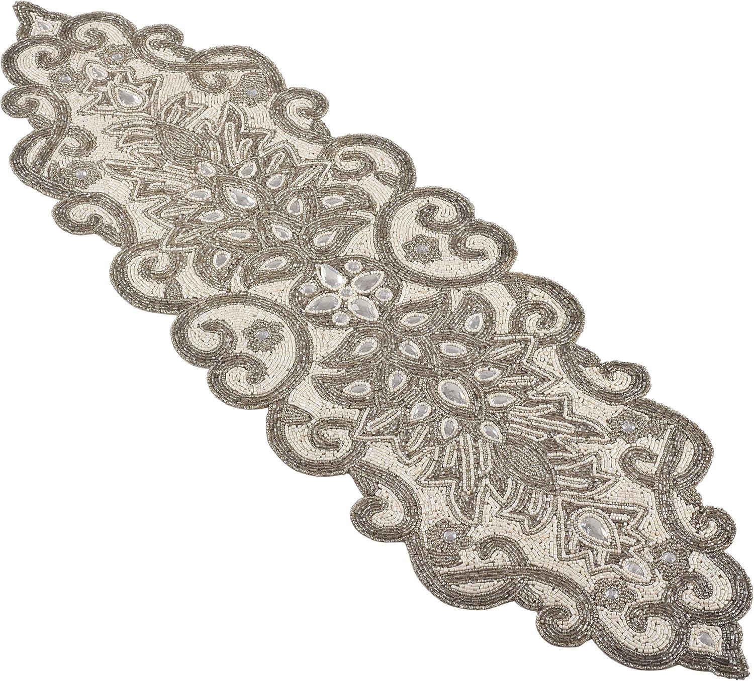 Elegant Silver Beaded Scroll Motif Table Runner