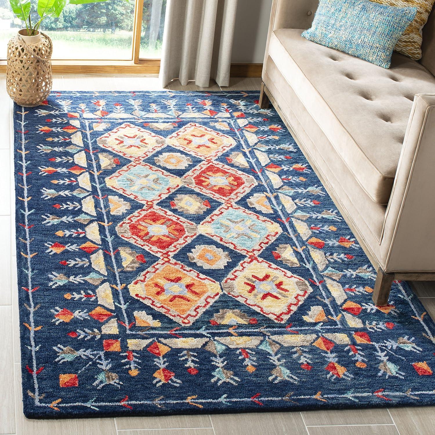 Aspen Navy and Orange Hand Tufted Wool Area Rug 2' x 3'