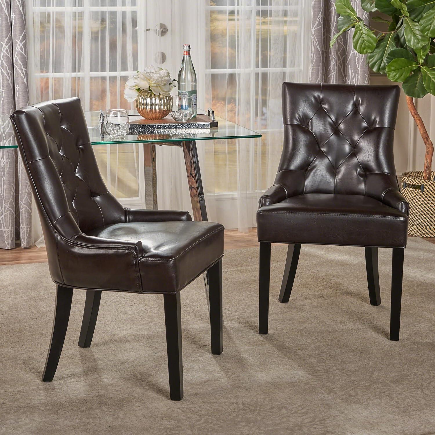 Contemporary Marbled Brown Leather Tufted Dining Chairs, Set of 2